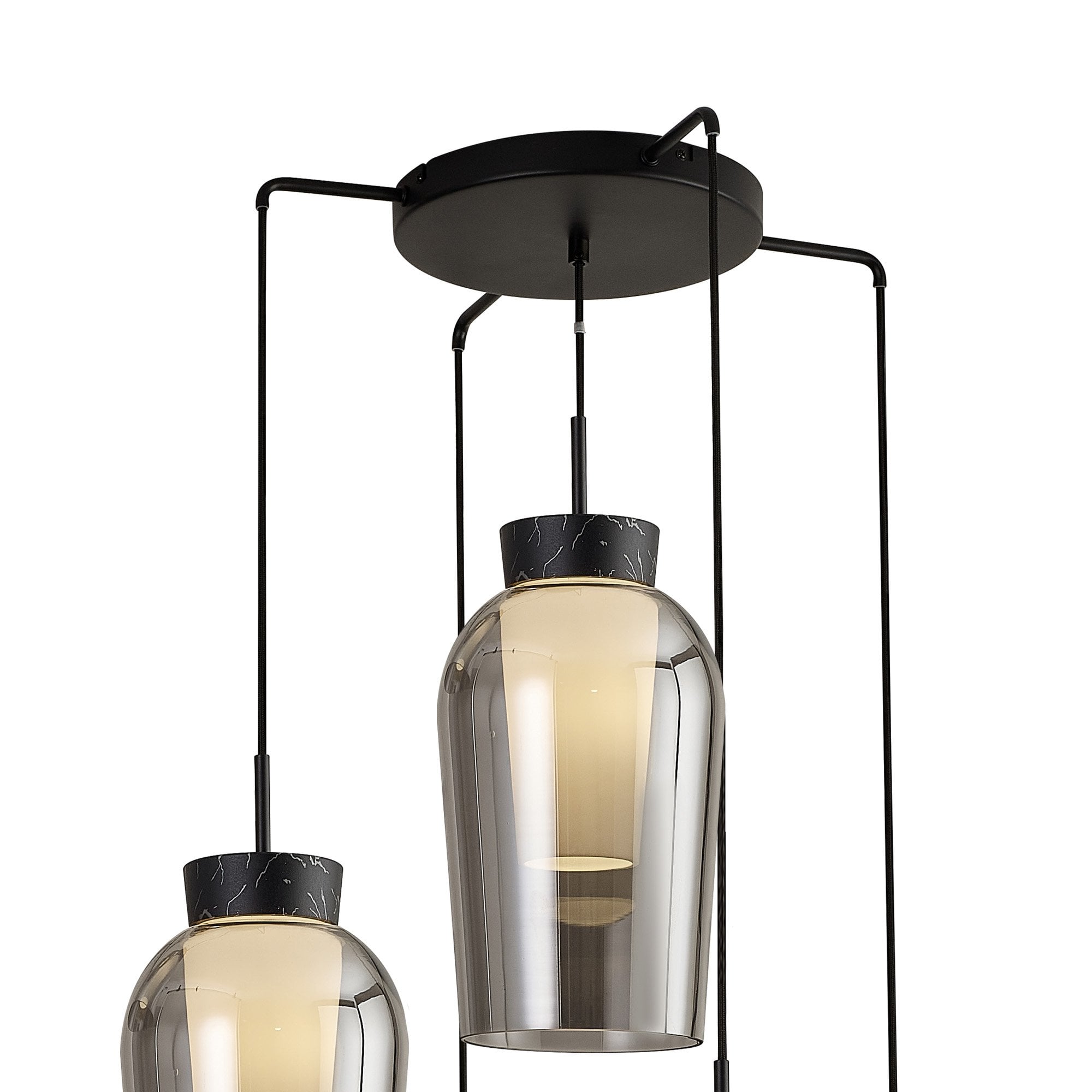 Mantra Nora 5 Light Adjustable Round Pendant - Black, Black Marble & Chrome Glass With Frosted Inner