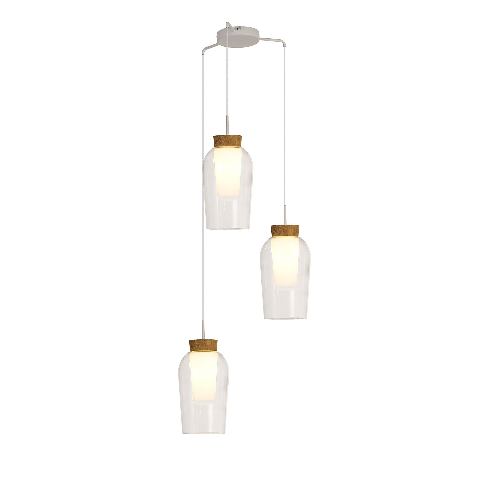 Mantra Nora 3 Light Adjustable Round Pendant - White, Wood & Clear Glass With Frosted Inner