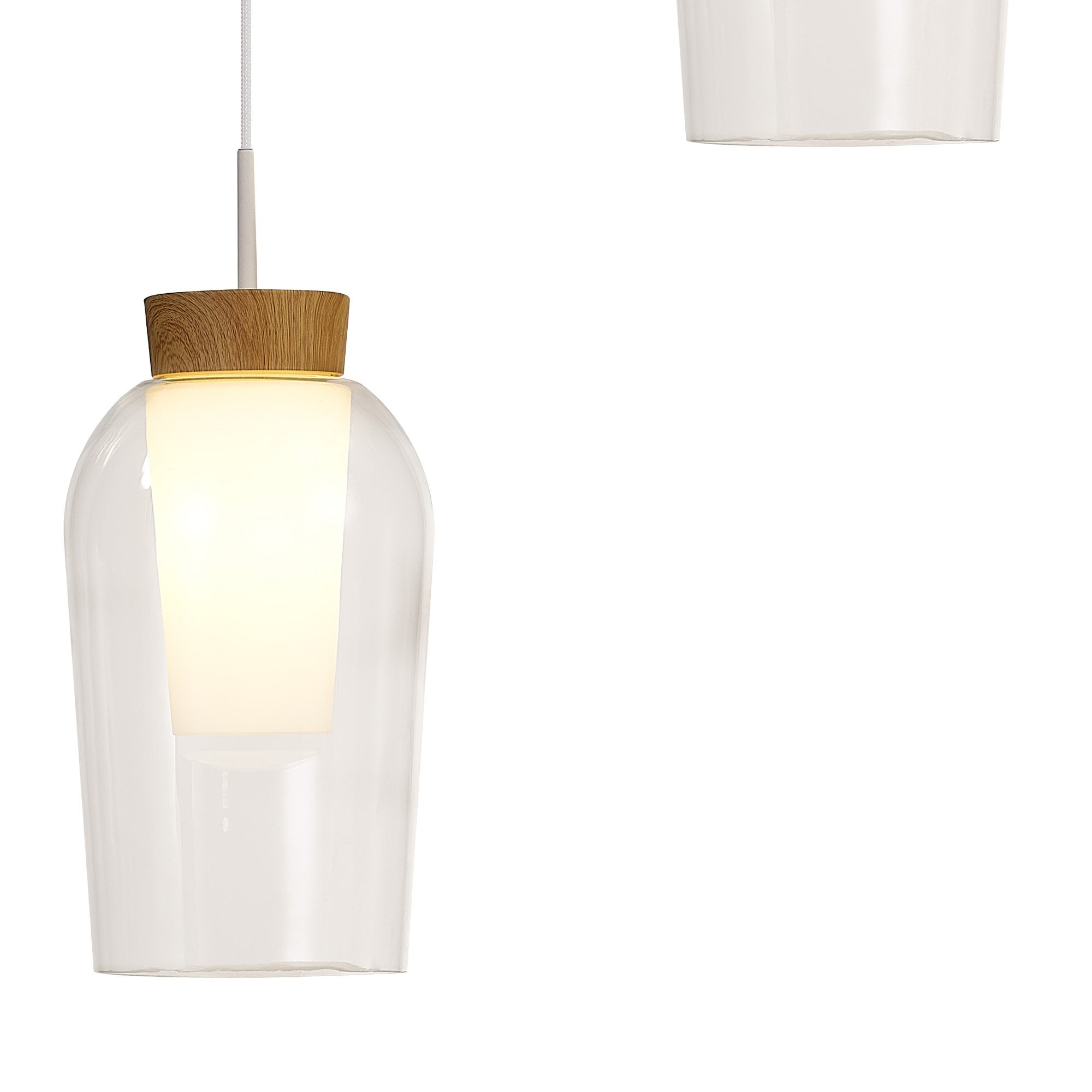 Mantra Nora 3 Light Adjustable Round Pendant - White, Wood & Clear Glass With Frosted Inner