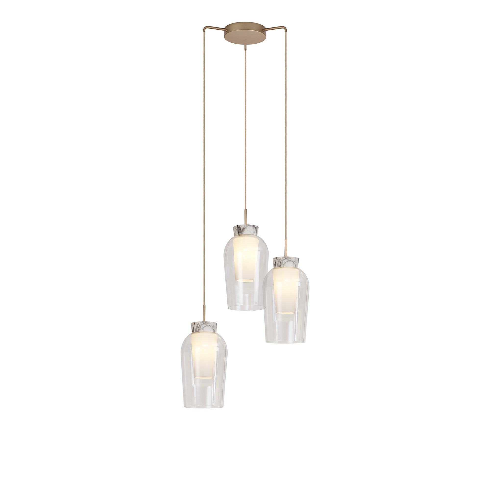 Mantra Nora 3 Light Adjustable Round Pendant - Gold, White & Clear Glass With Frosted Inner