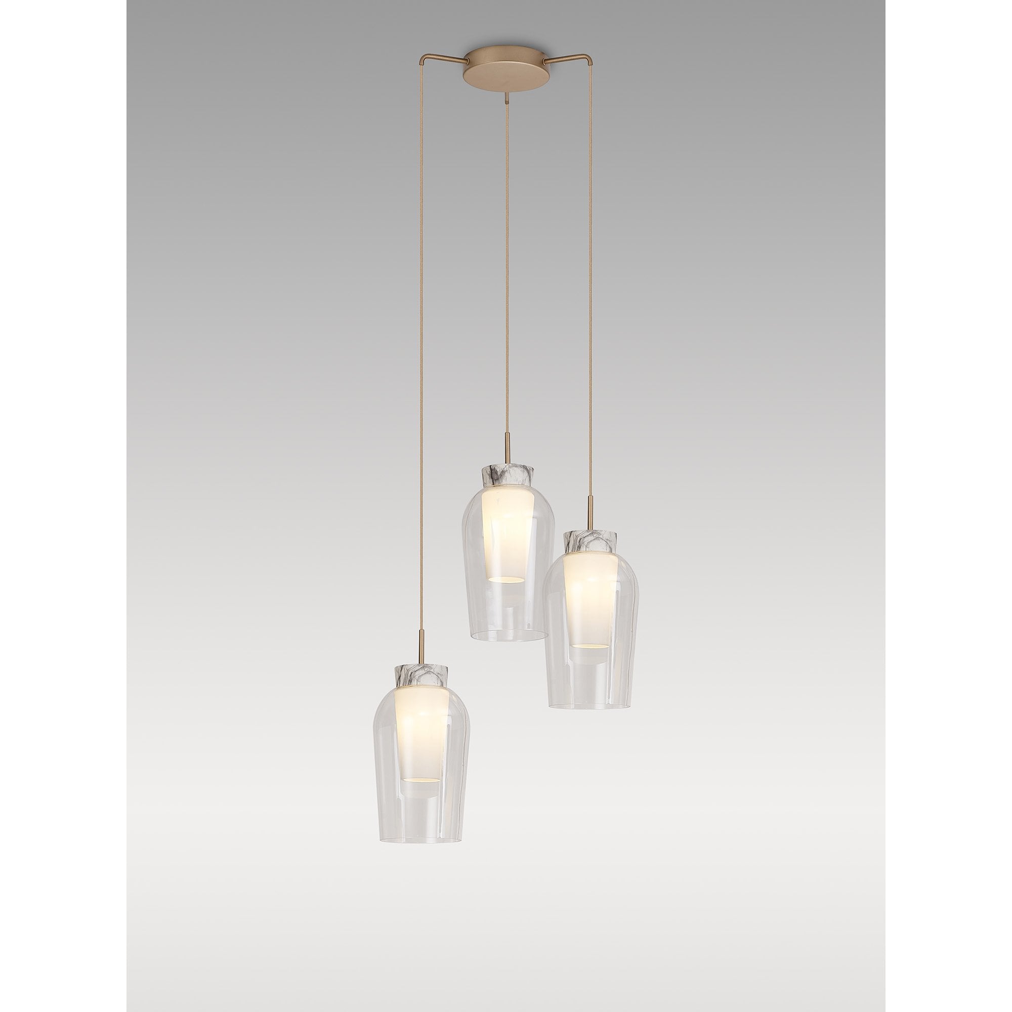 Mantra Nora 3 Light Adjustable Round Pendant - Gold, White & Clear Glass With Frosted Inner