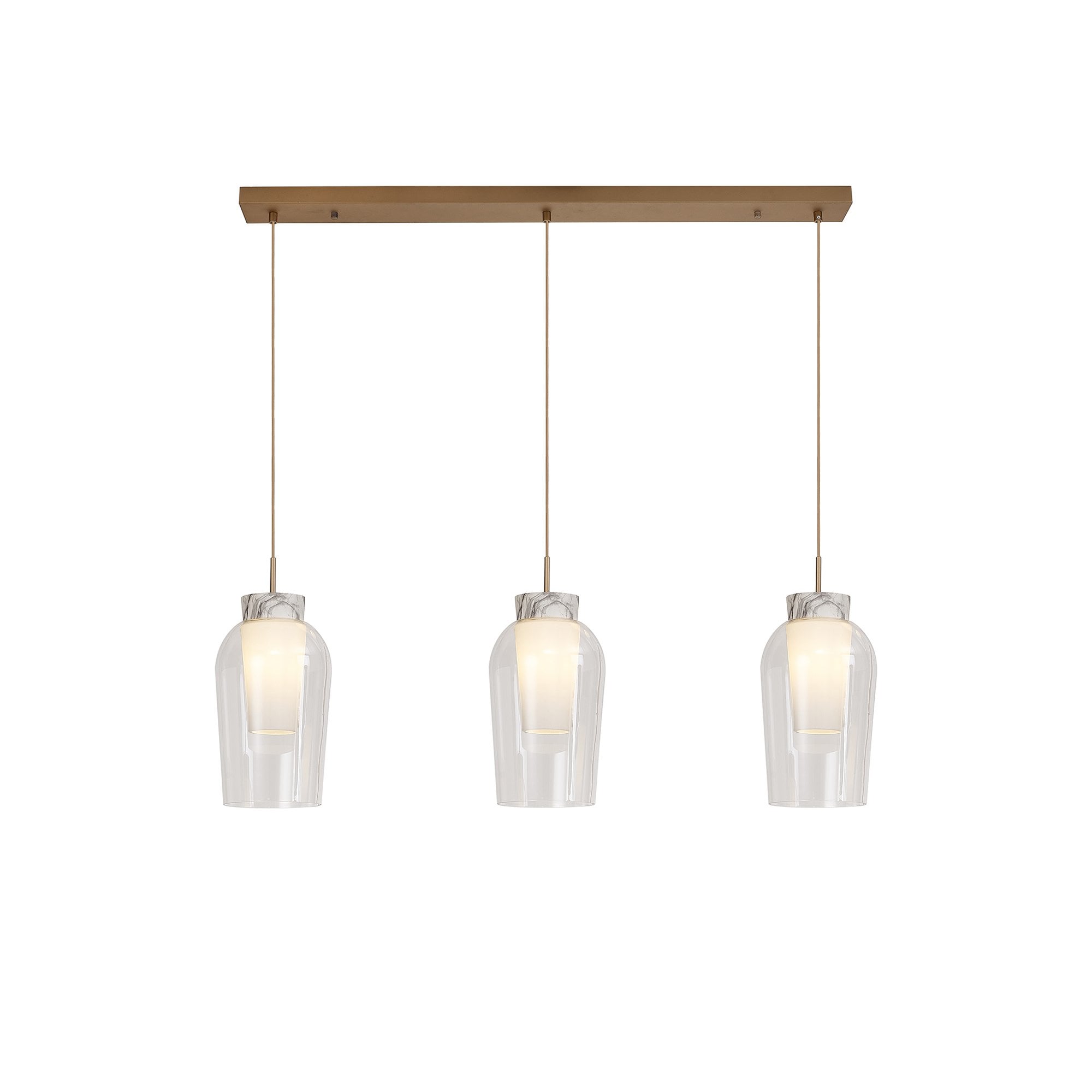 Mantra Nora 3 Light Adjustable Linear Pendant - Gold, White & Clear Glass With Frosted Inner