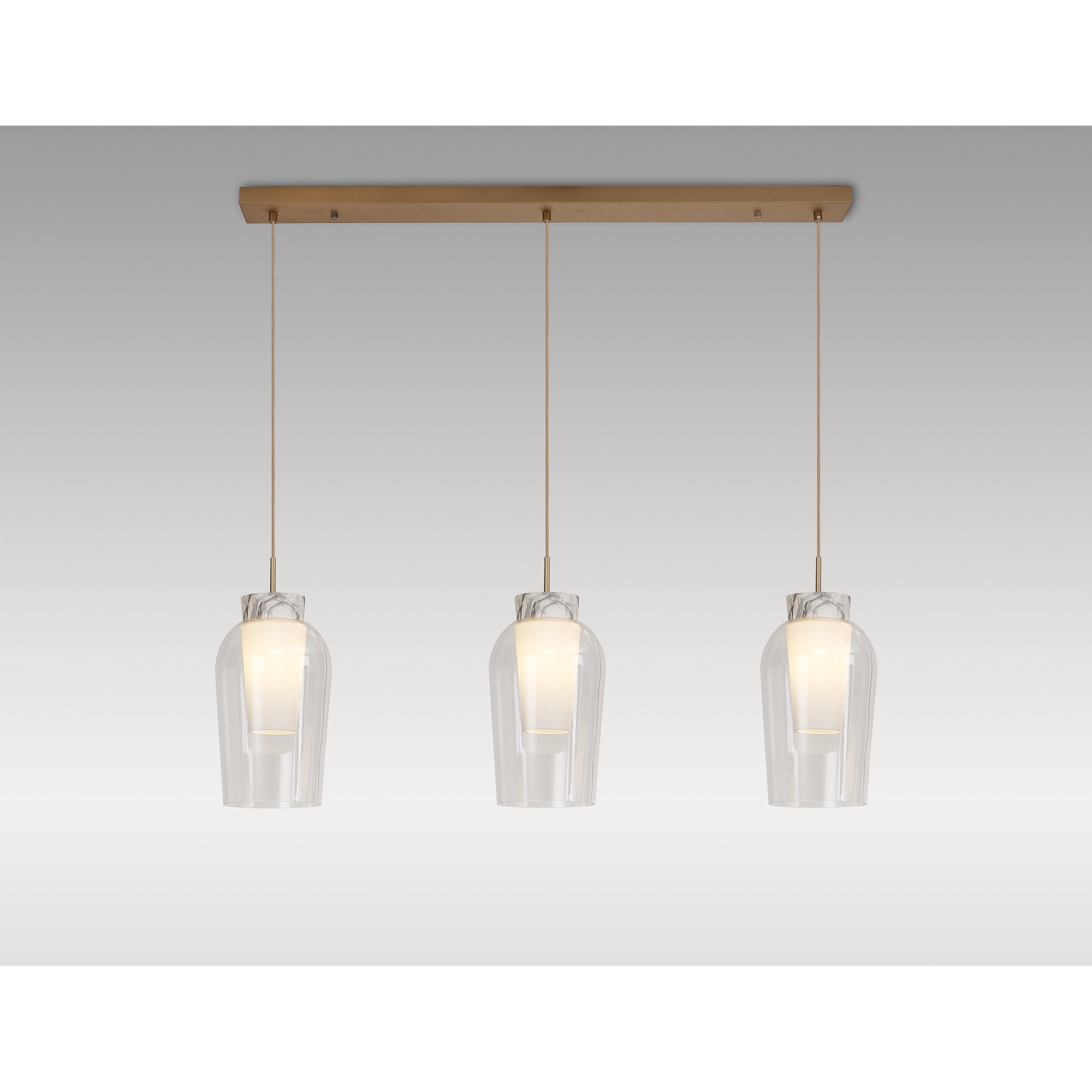 Mantra Nora 3 Light Adjustable Linear Pendant - Gold, White & Clear Glass With Frosted Inner