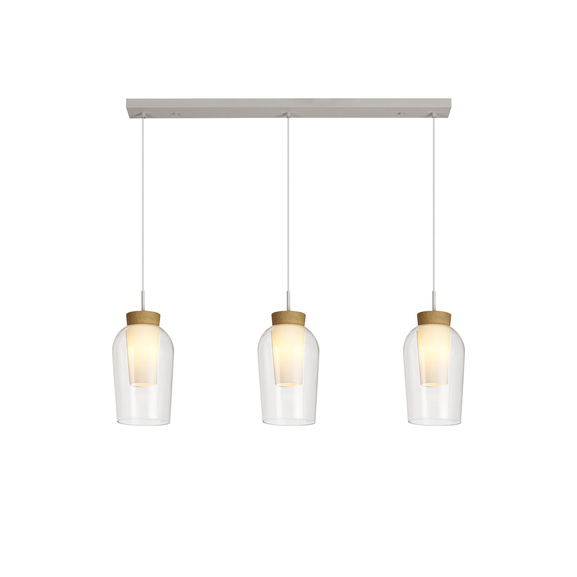 Mantra Nora 3 Light Adjustable Linear Pendant - White, Wood & Clear Glass With Frosted Inner