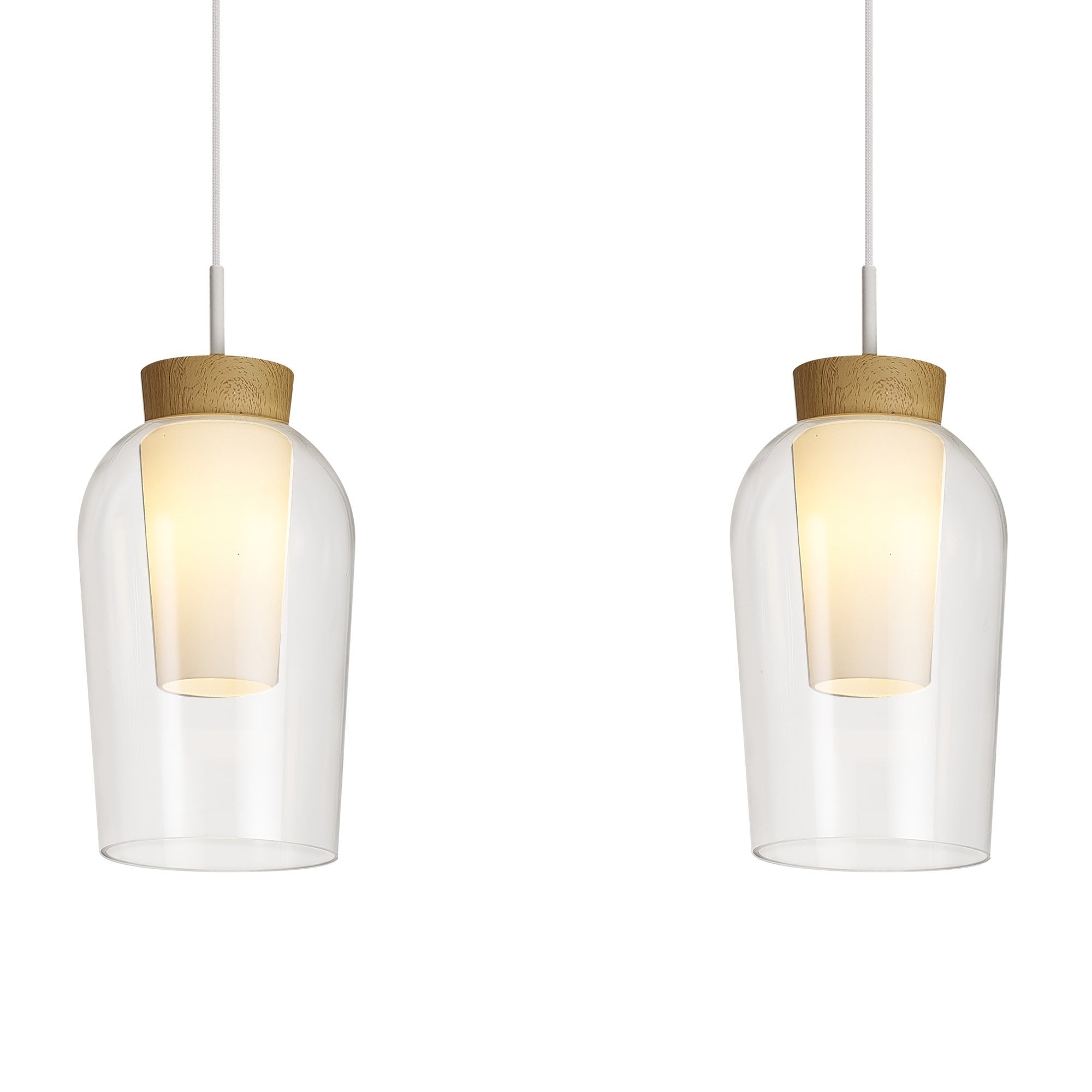 Mantra Nora 3 Light Adjustable Linear Pendant - White, Wood & Clear Glass With Frosted Inner