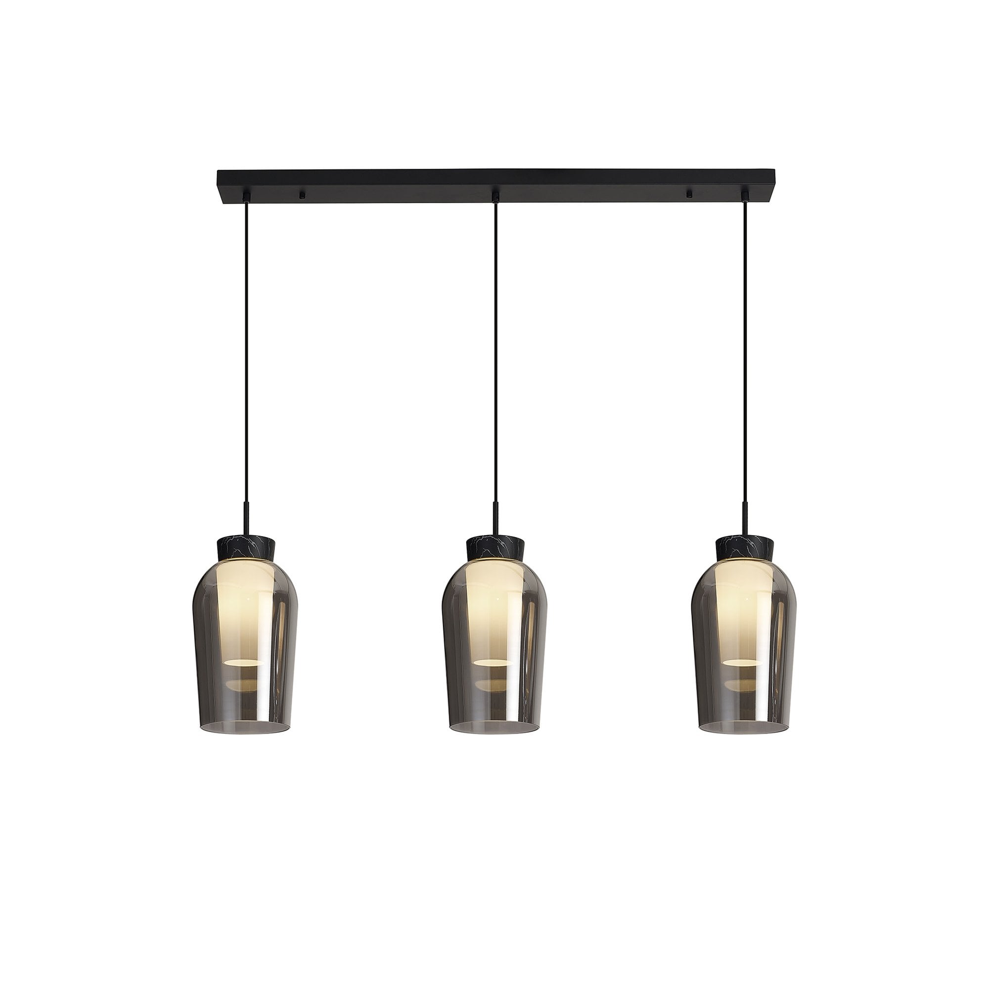 Mantra Nora 3 Light Adjustable Linear Pendant - Black, Black Marble & Chrome Glass With Frosted Inner