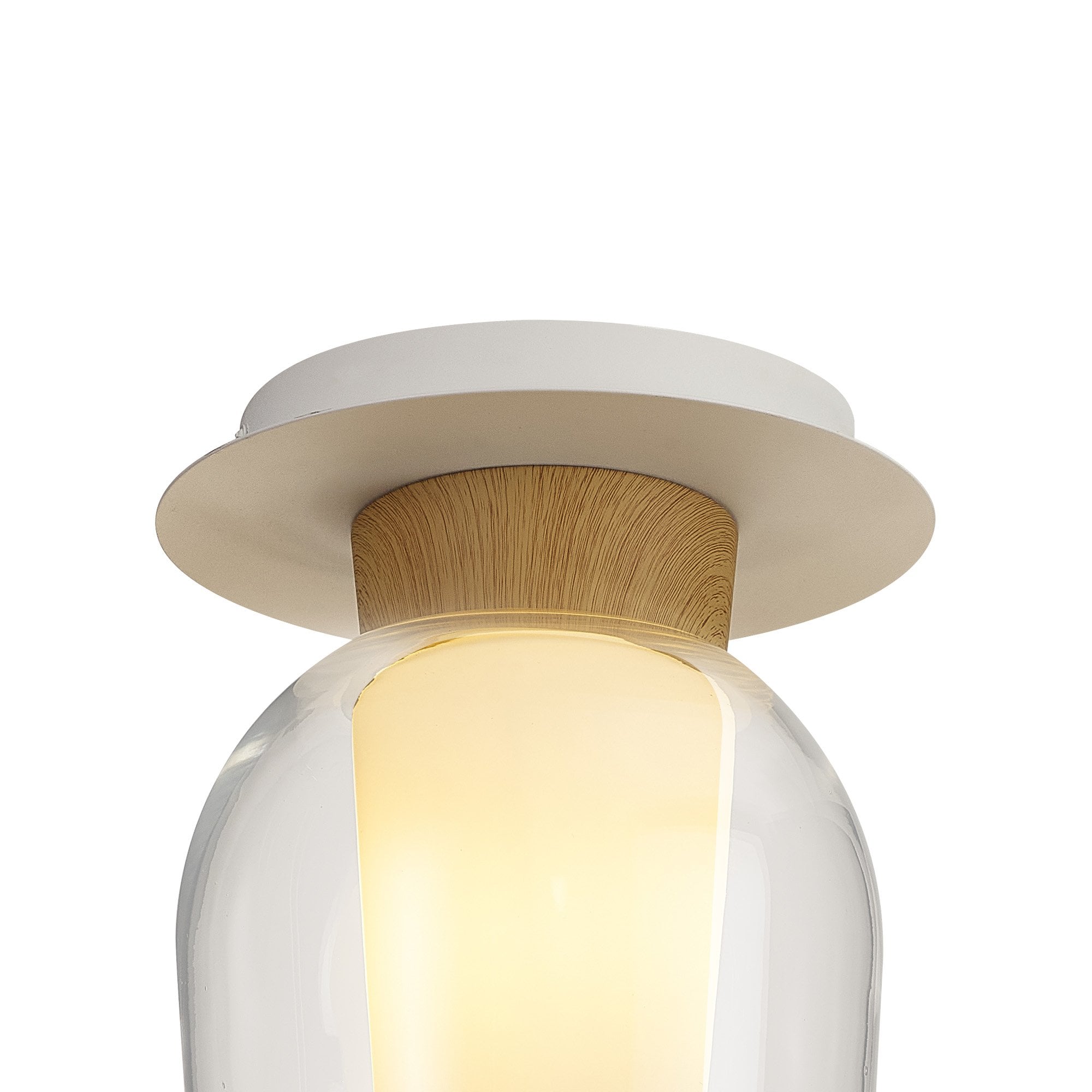 Mantra Nora 1 Light Semi-Flush Ceiling Light - White, Wood & Clear Glass With Frosted Inner