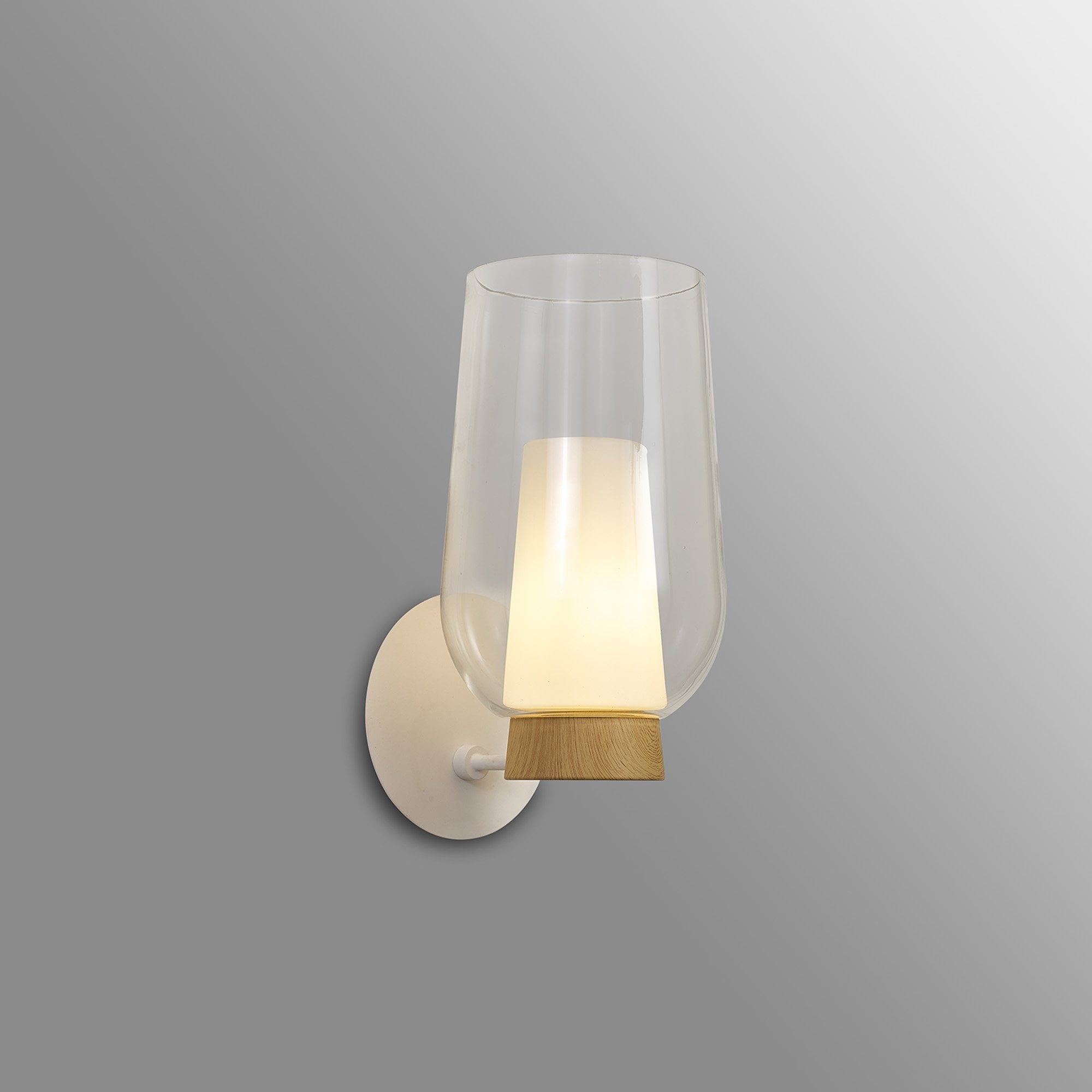 Mantra Nora 1 Light Wall Lamp - White, Wood & Clear Glass With Frosted Inner