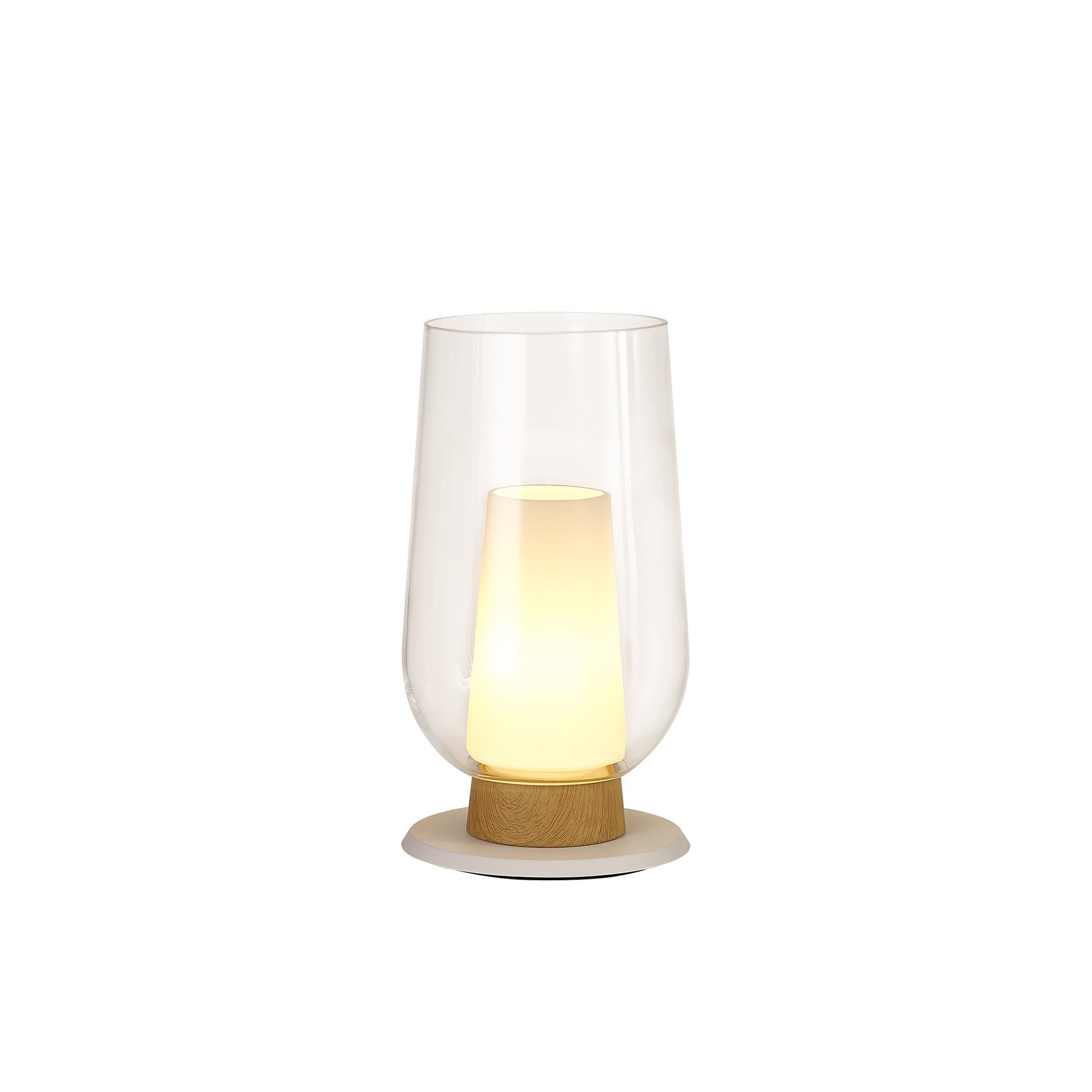 Mantra Nora 1 Light Table Lamp - White, Wood & Clear Glass With Frosted Inner