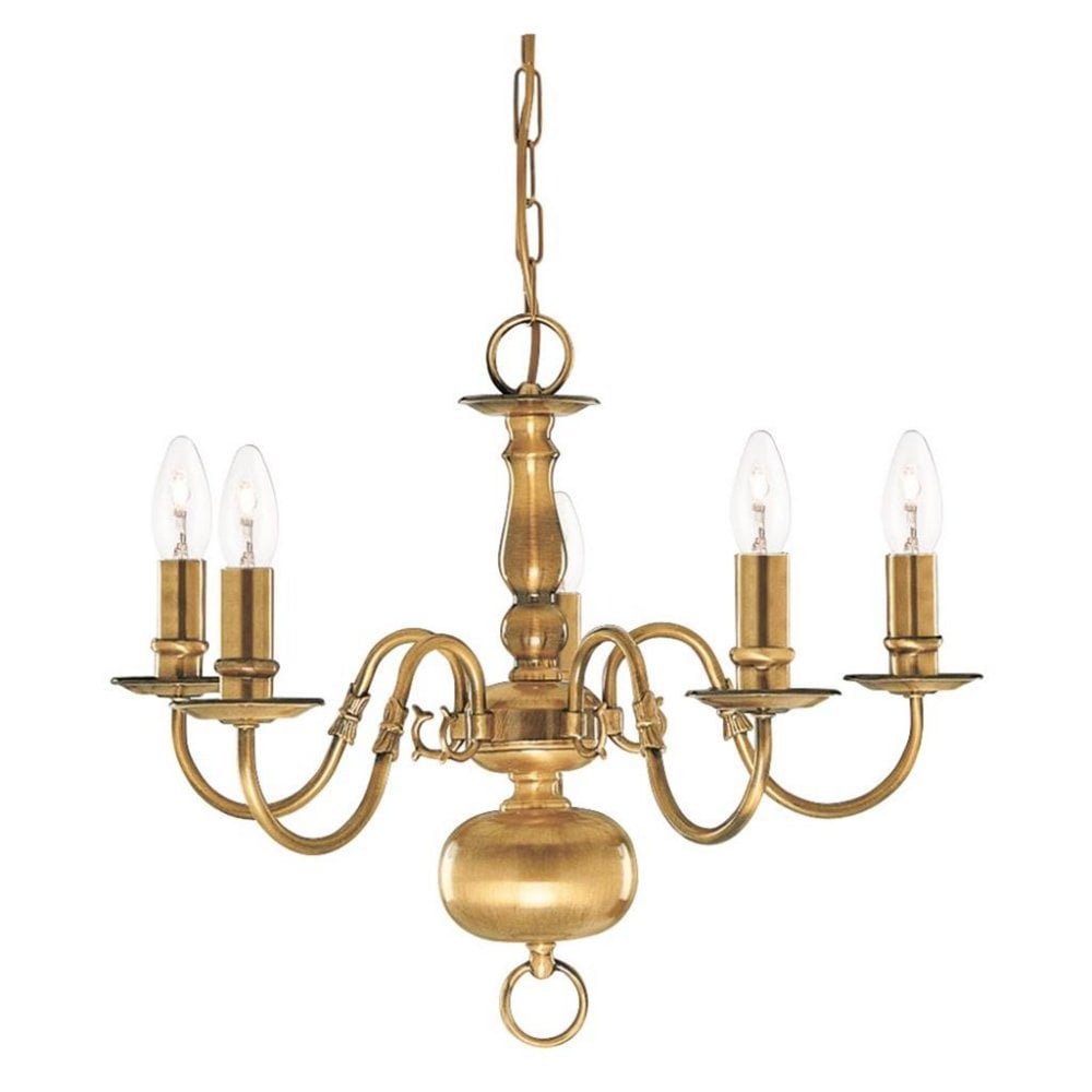 Searchlight Fearnside Solid Antique Brass 5 Light Chandelier With Metal Candle Covers