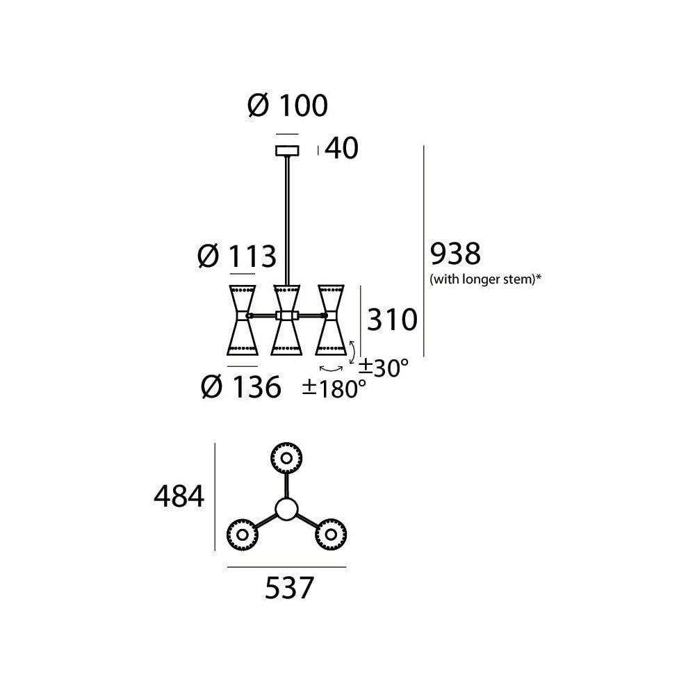 Stilnovo Megafono 3 Arm Pendant Chandelier - Gold & Ivory