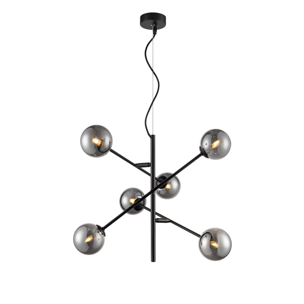 Franklite Prophecy 6 Light Adjustable Arms Pendant - Black & Smoked Glass