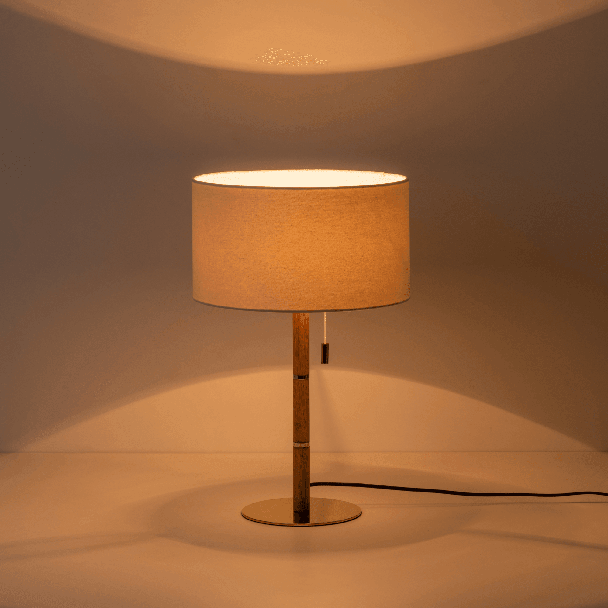 houseof. Disk Table Lamp - Wooden & Brass with Cream Linen Shade