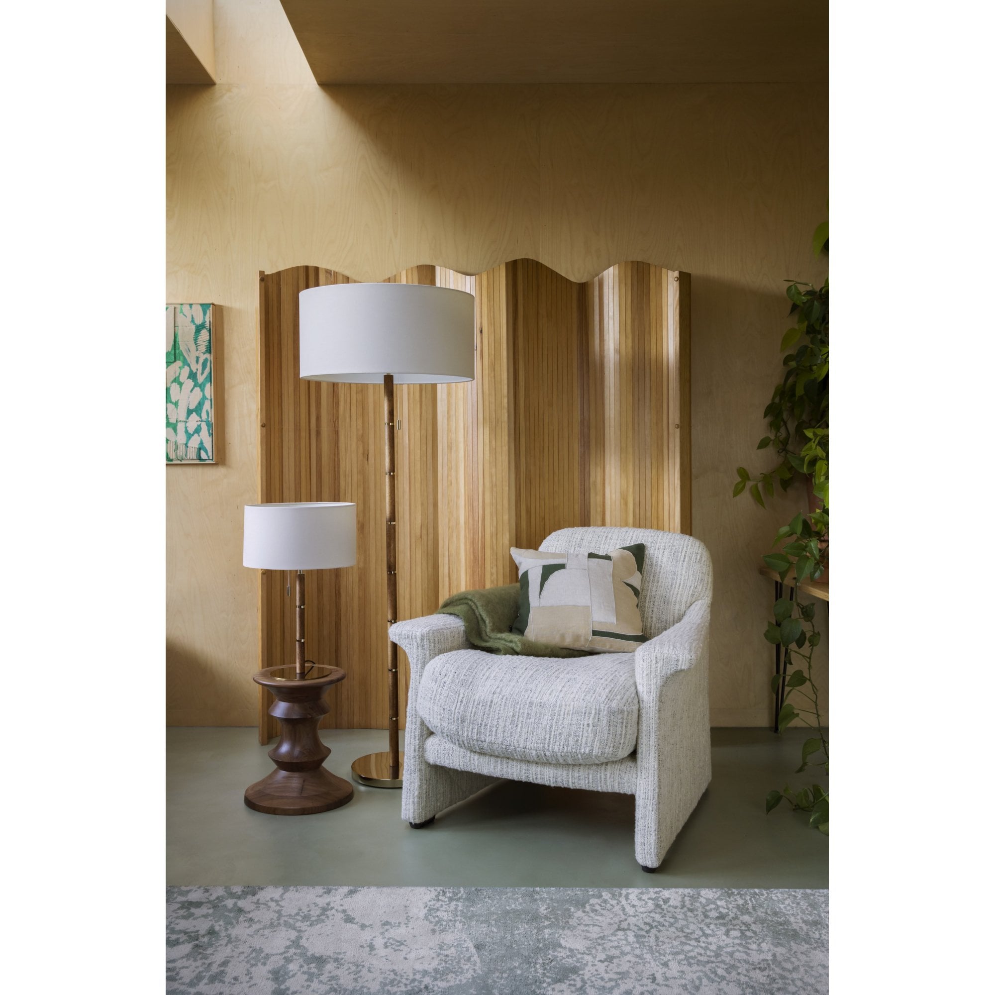 houseof. Disk Table Lamp - Wooden & Brass with Cream Linen Shade