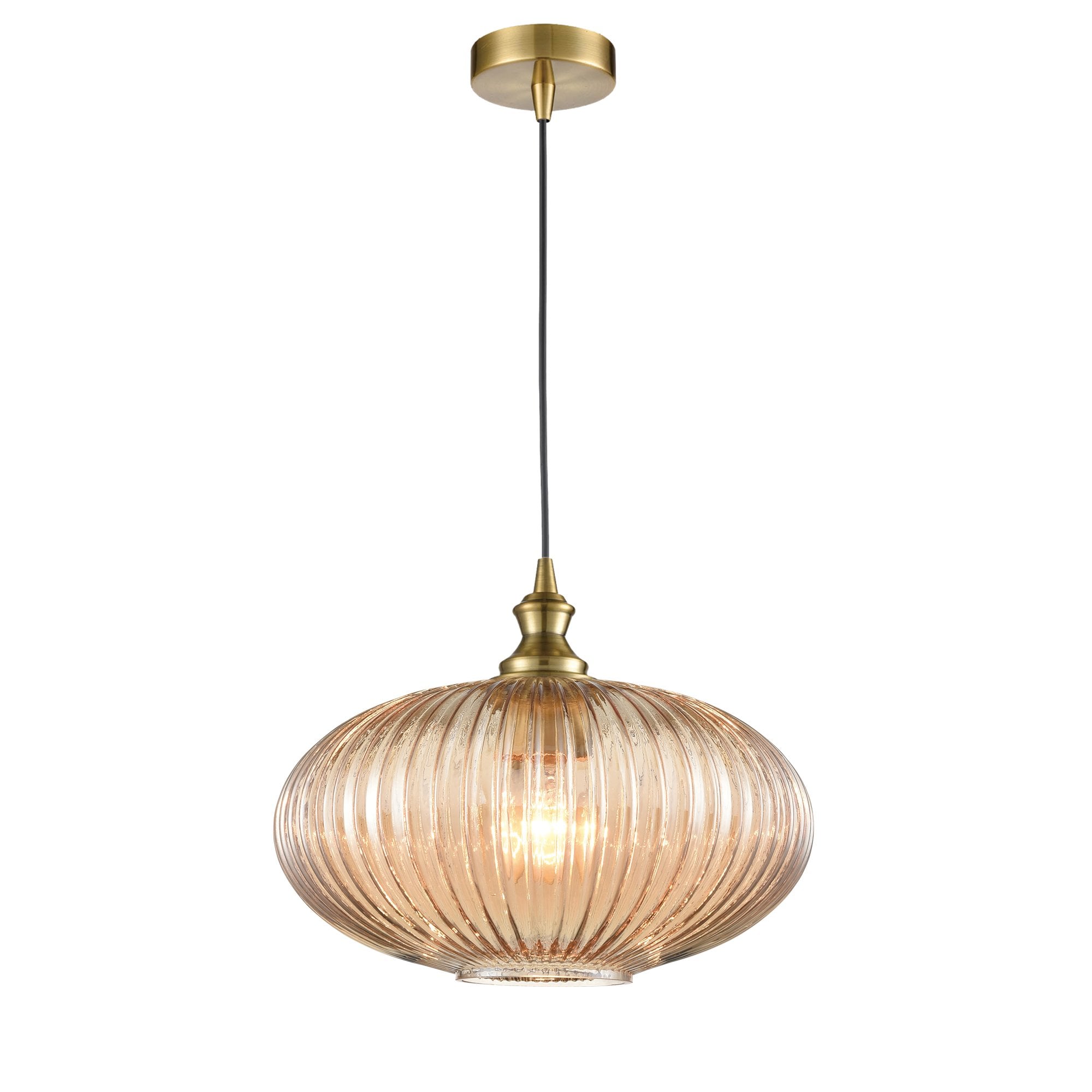 Franklite Refract Pendant - 300mm Ribbed Glass Shade - Aged Brass & Amber Glass