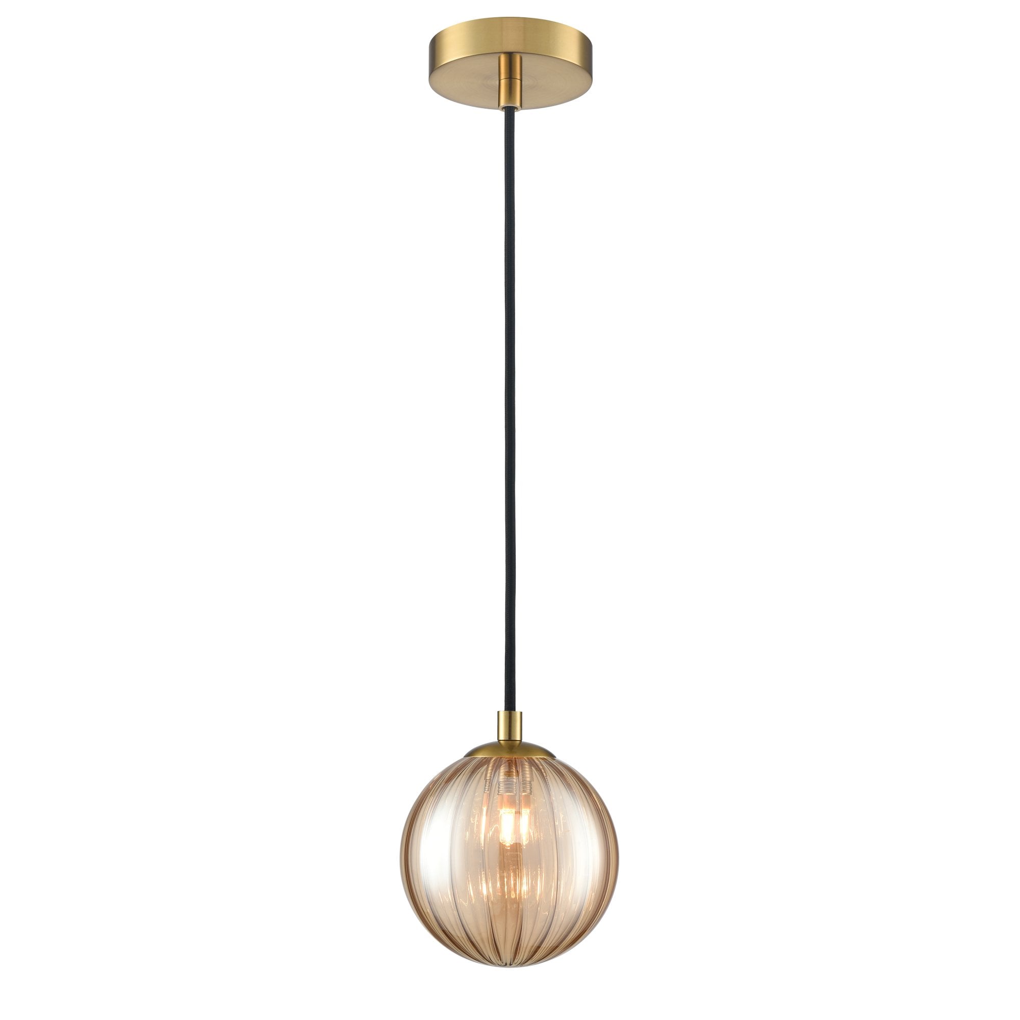 Franklite Globe IP44 Pendant - Aged Brass & Amber Ribbed Glass