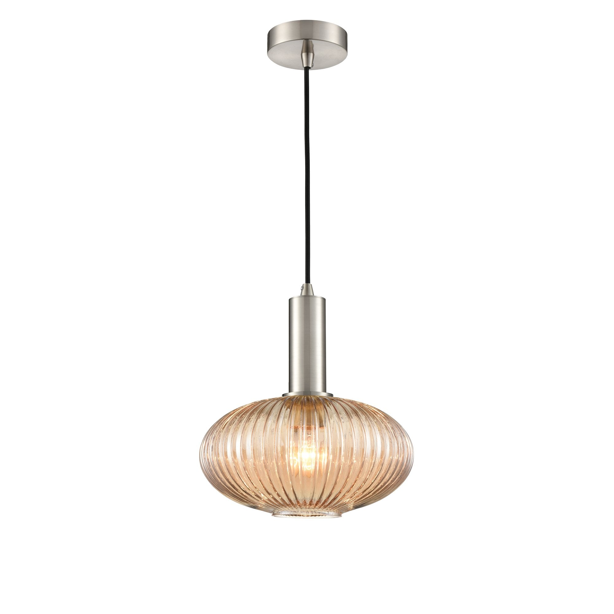 Franklite Mezcla Pendant - 240mm Ribbed Glass Shade - Satin Nickel & Amber Glass