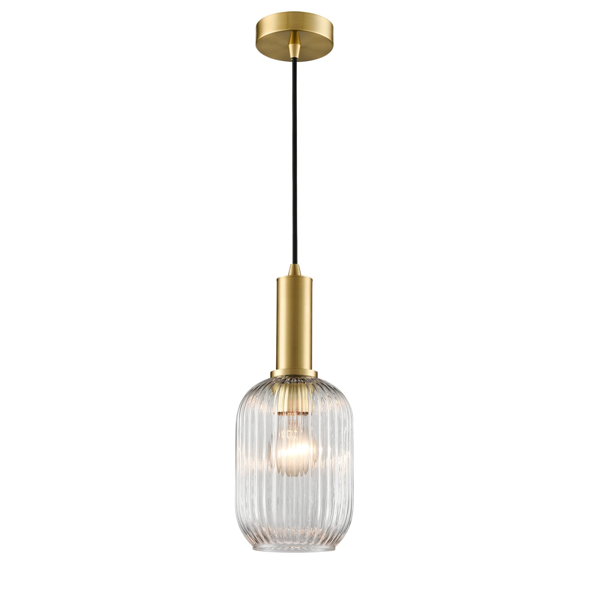 Franklite Mezcla Pendant - 150mm Ribbed Glass Shade - Aged Brass & Clear Glass