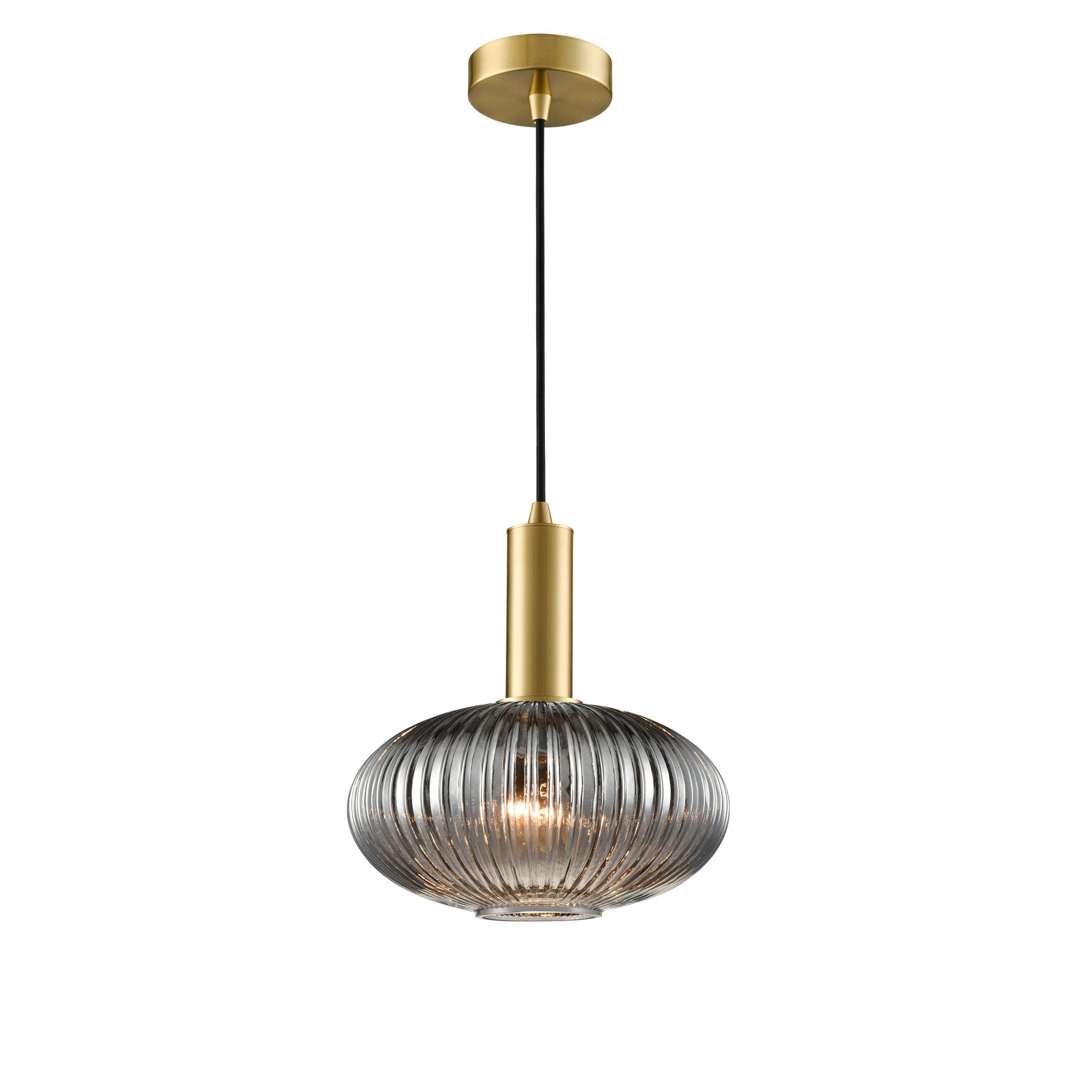 Franklite Mezcla Pendant - 240mm Ribbed Glass Shade - Aged Brass & Smoked Glass