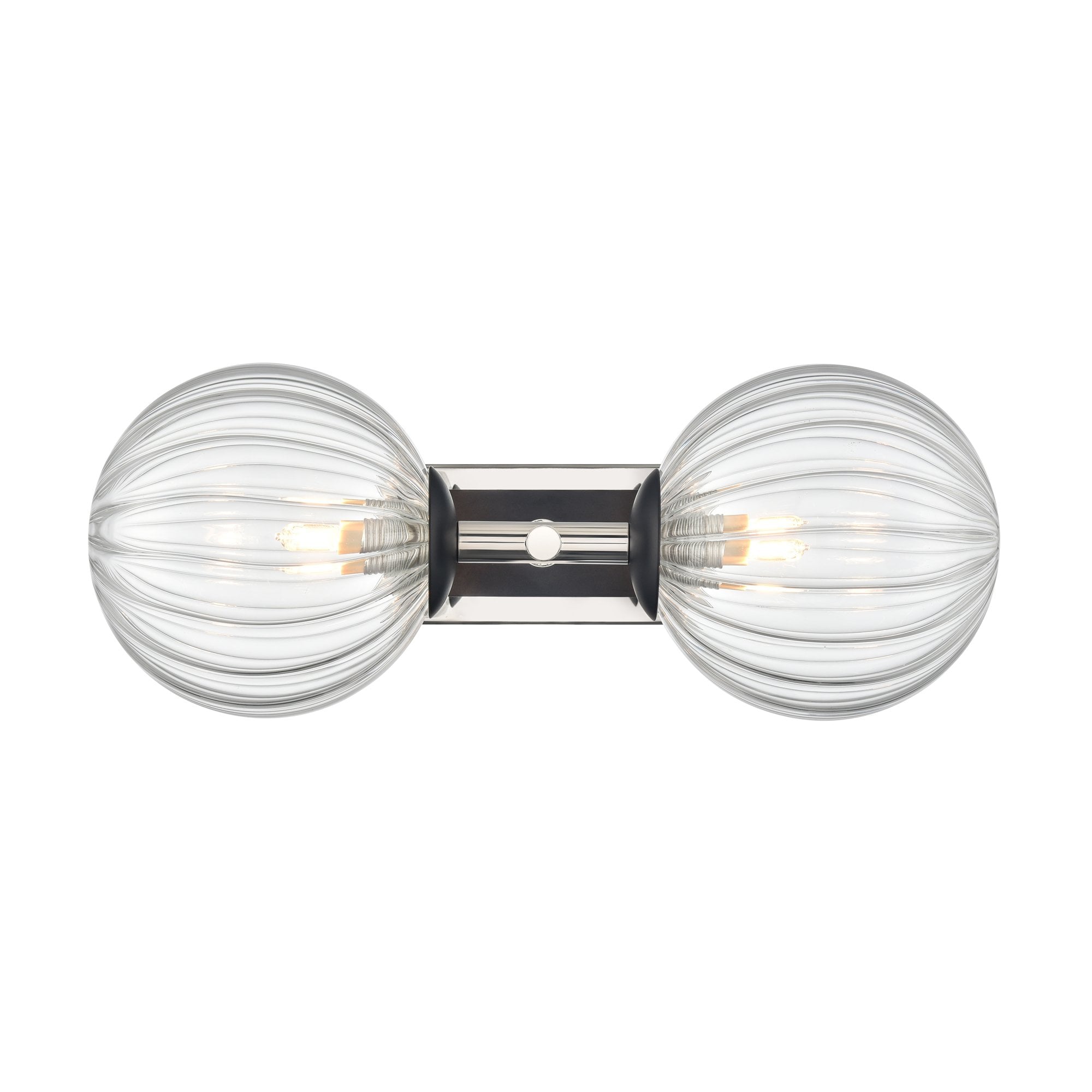 Franklite Stellar 2 Light IP44 Wall Light - Polished Nickel & Clear Ribbed Glass