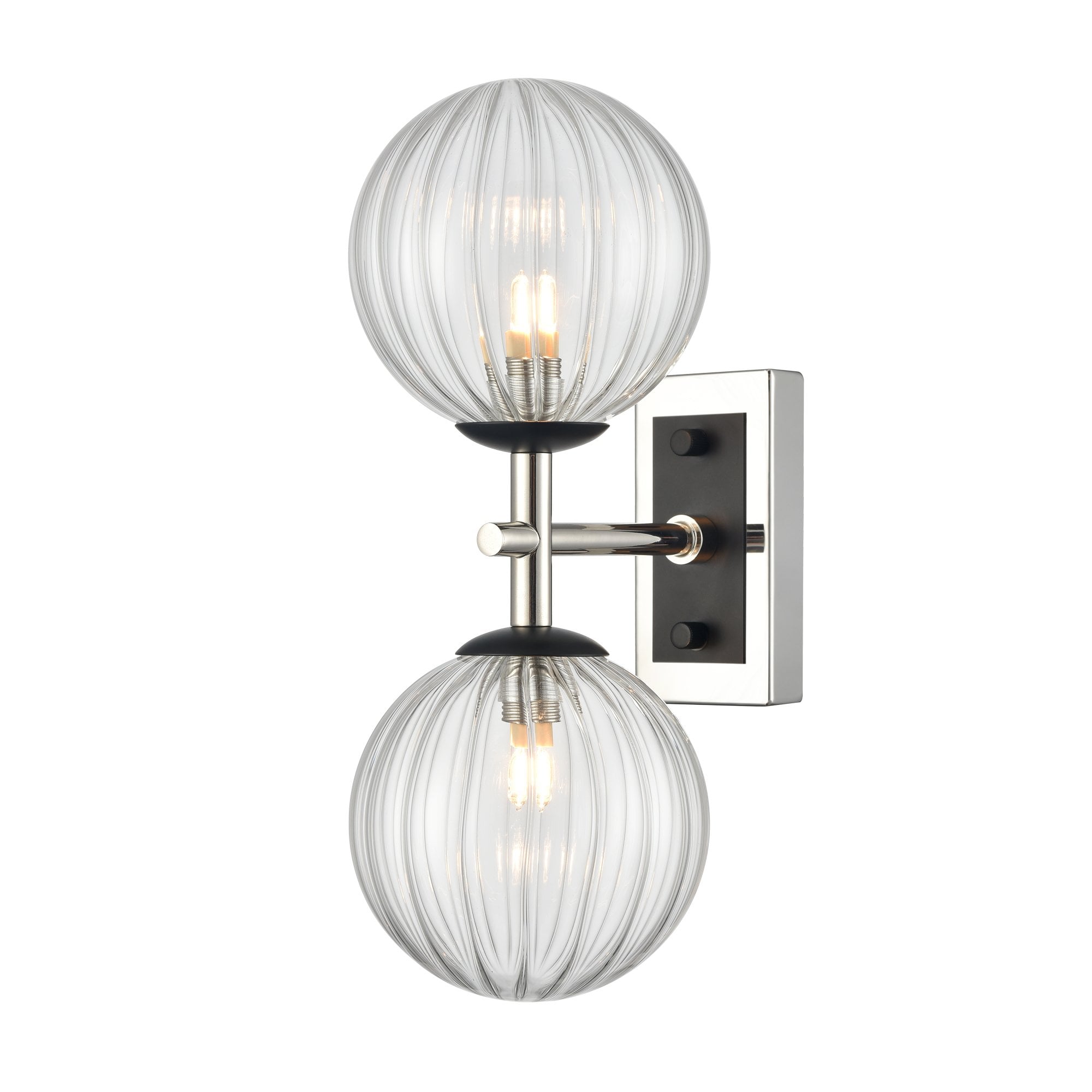 Franklite Stellar 2 Light IP44 Wall Light - Polished Nickel & Clear Ribbed Glass