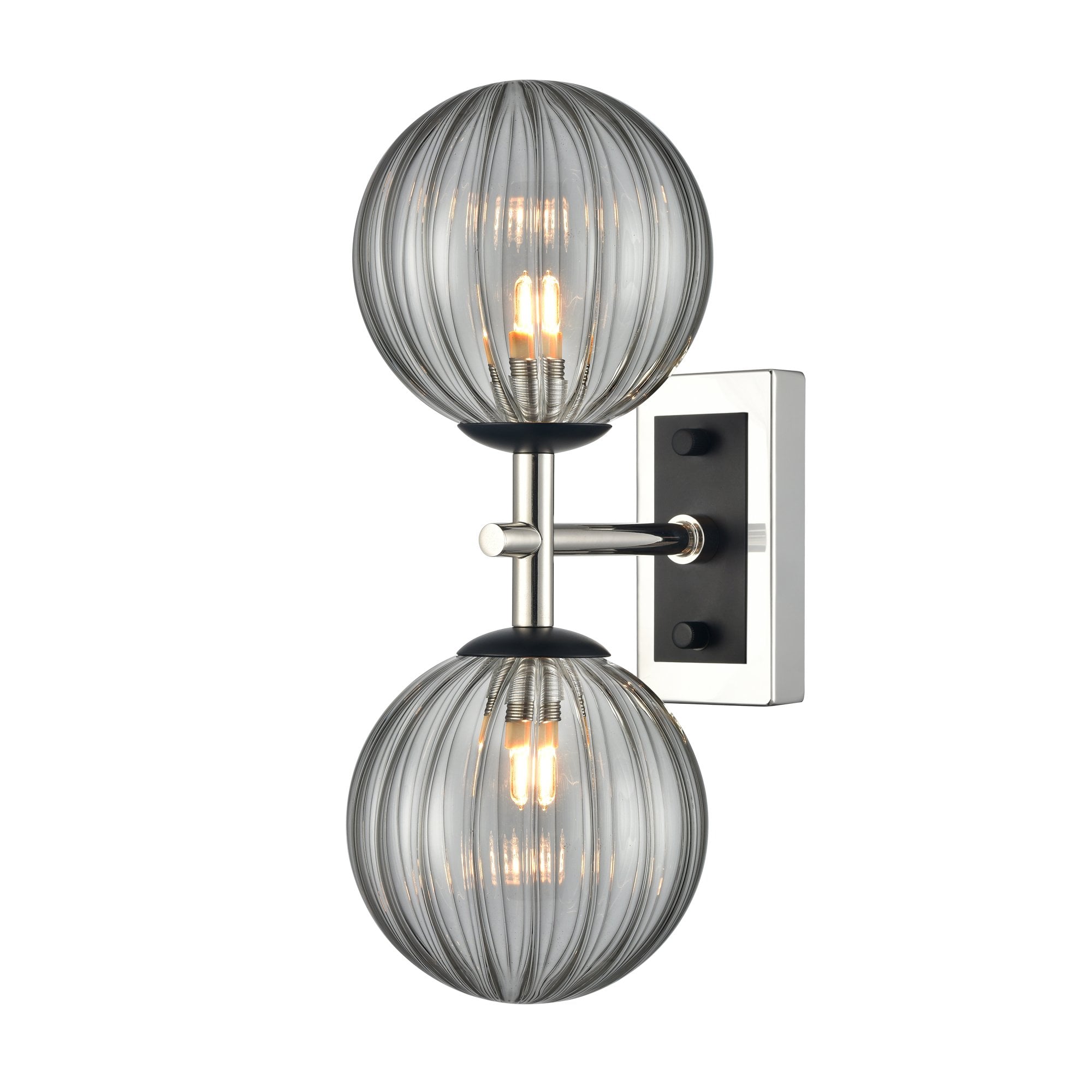 Franklite Stellar 2 Light IP44 Wall Light - Polished Nickel & Smoked Ribbed Glass
