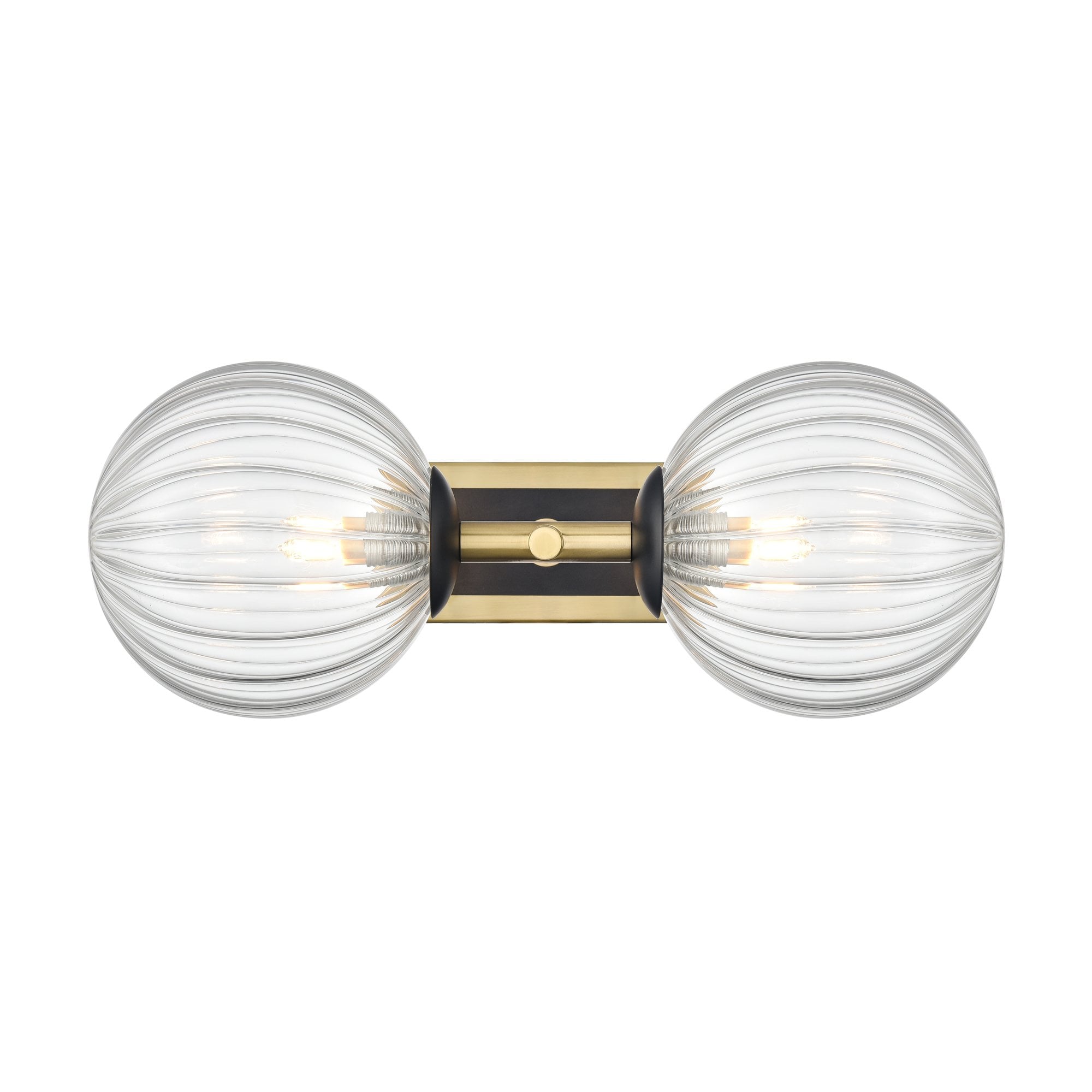 Franklite Stellar 2 Light IP44 Wall Light - Aged Brass & Clear Ribbed Glass