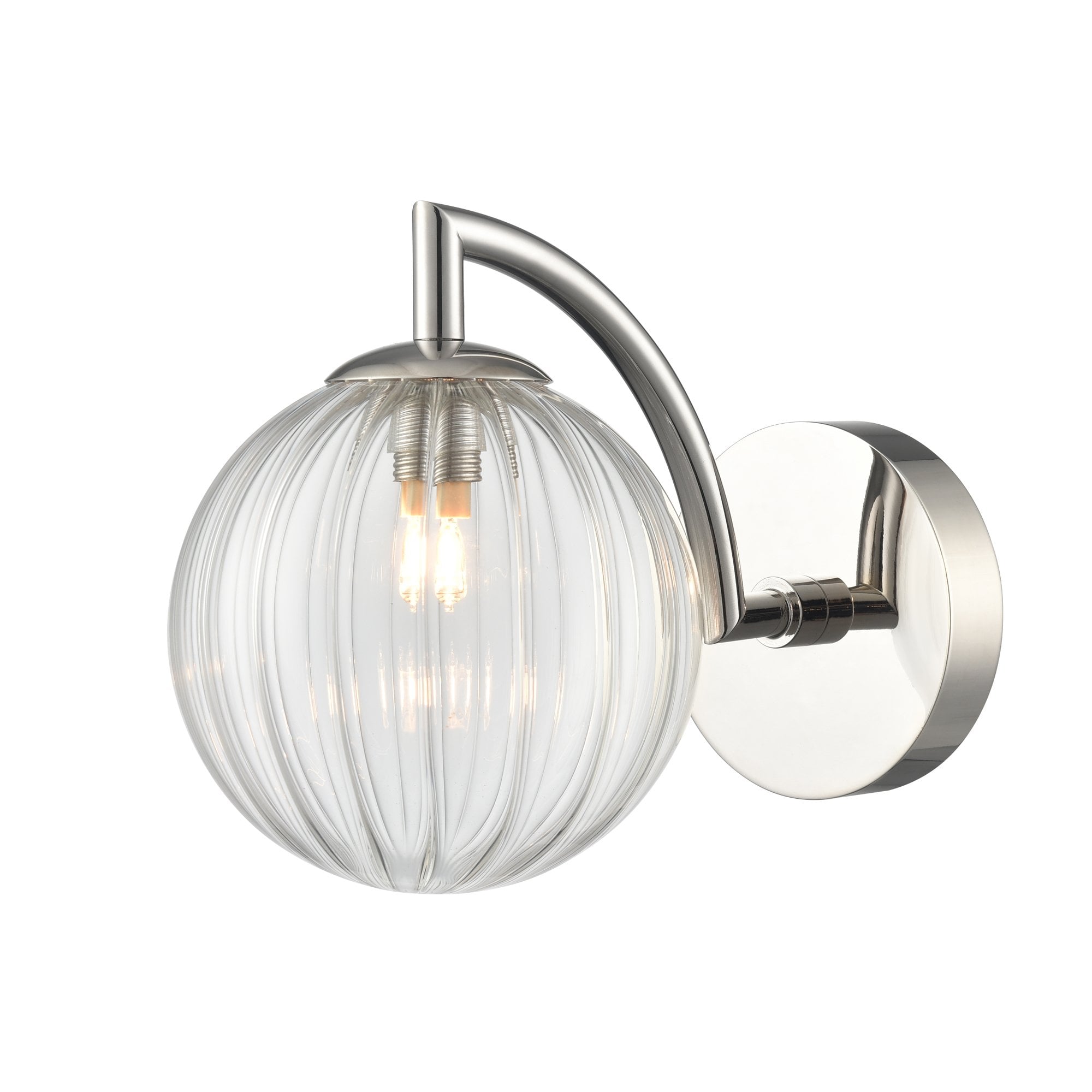 Franklite Globe 1 Light IP44 Wall Light - Polished Nickel & Clear Ribbed Glass