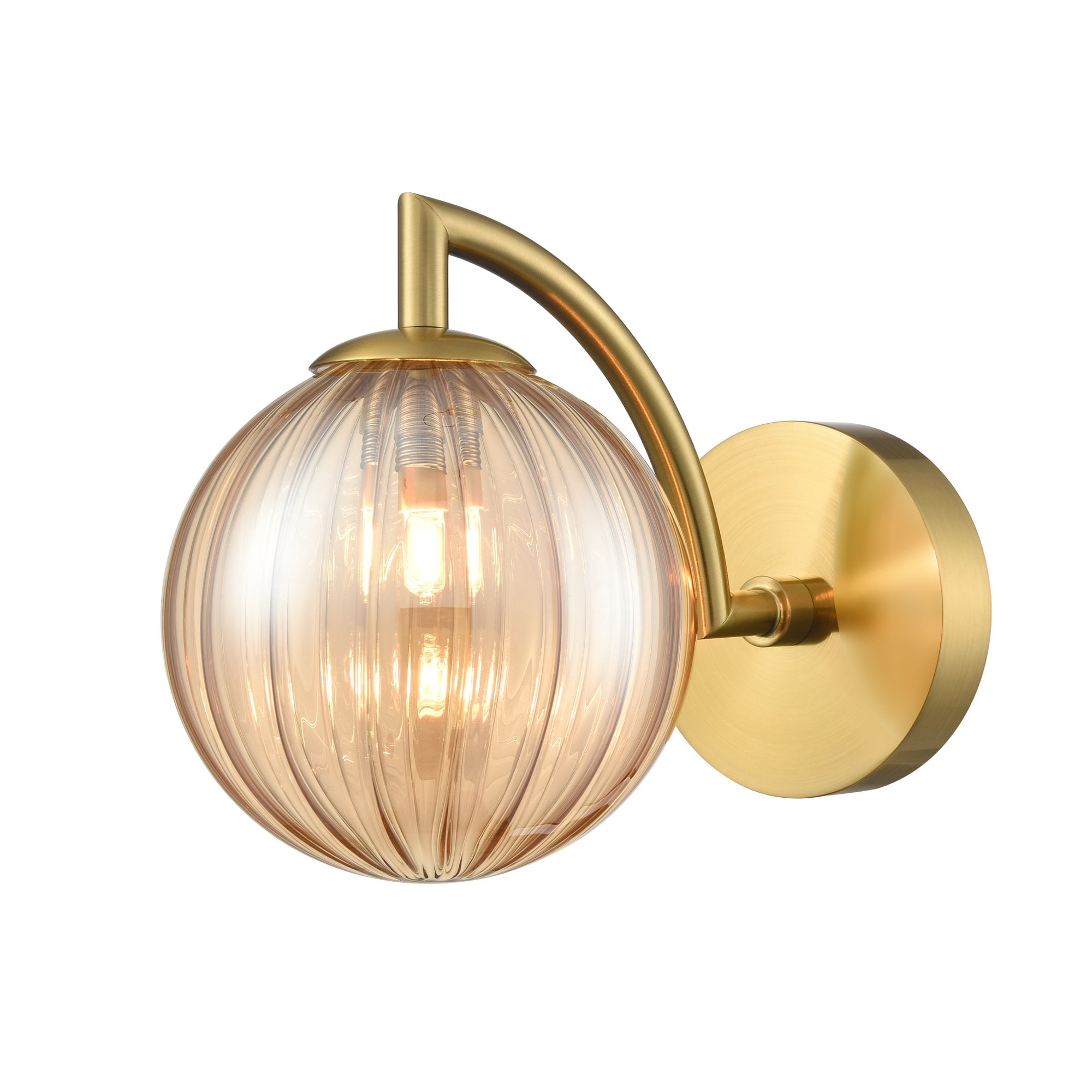 Franklite Globe 1 Light IP44 Wall Light - Aged Brass & Amber Ribbed Glass