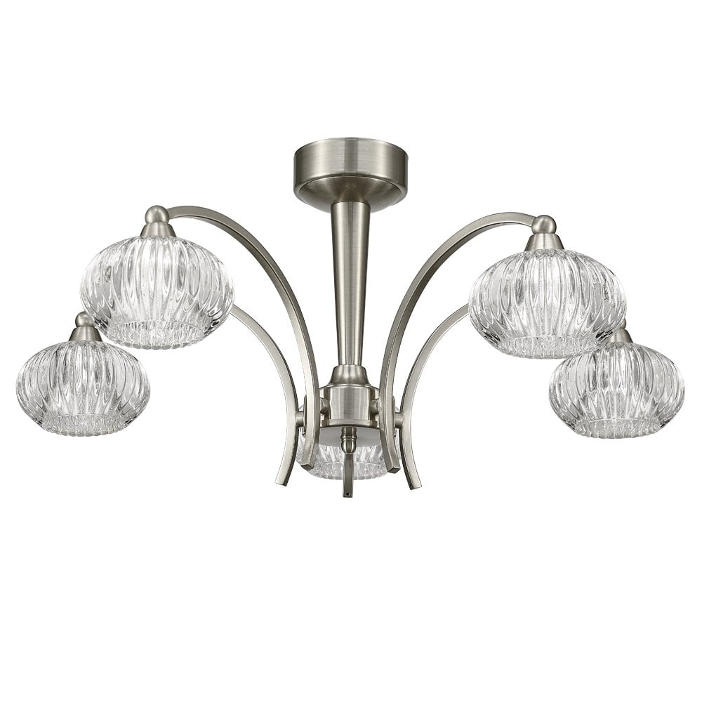 Franklite Ripple 5 Light Ceiling Fitting - Satin Nickel & Ribbed Glass
