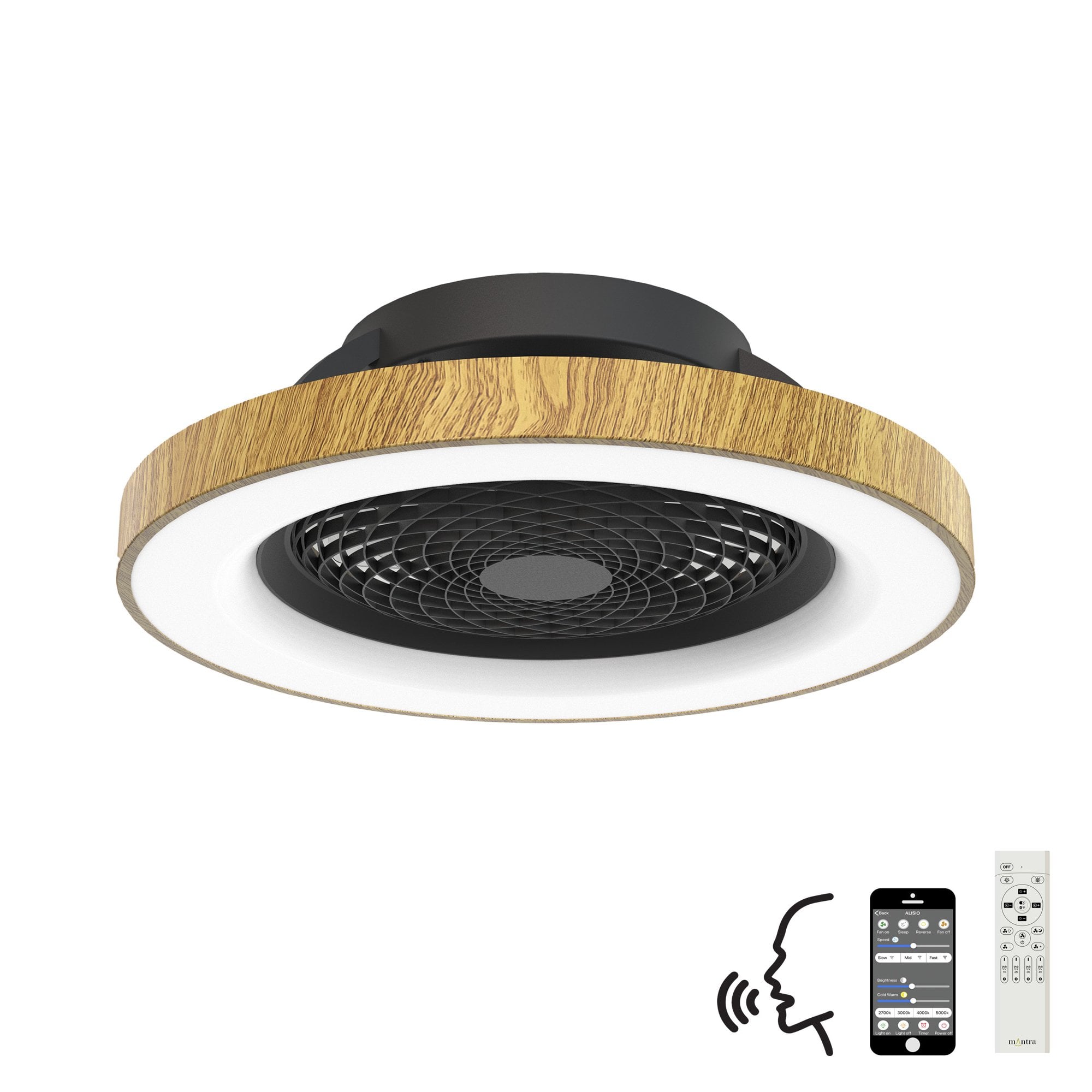 Mantra Tibet 70W LED Dimmable Ceiling Light & Fan, Remote, APP , Voice Controlled, Wood Effect, Black