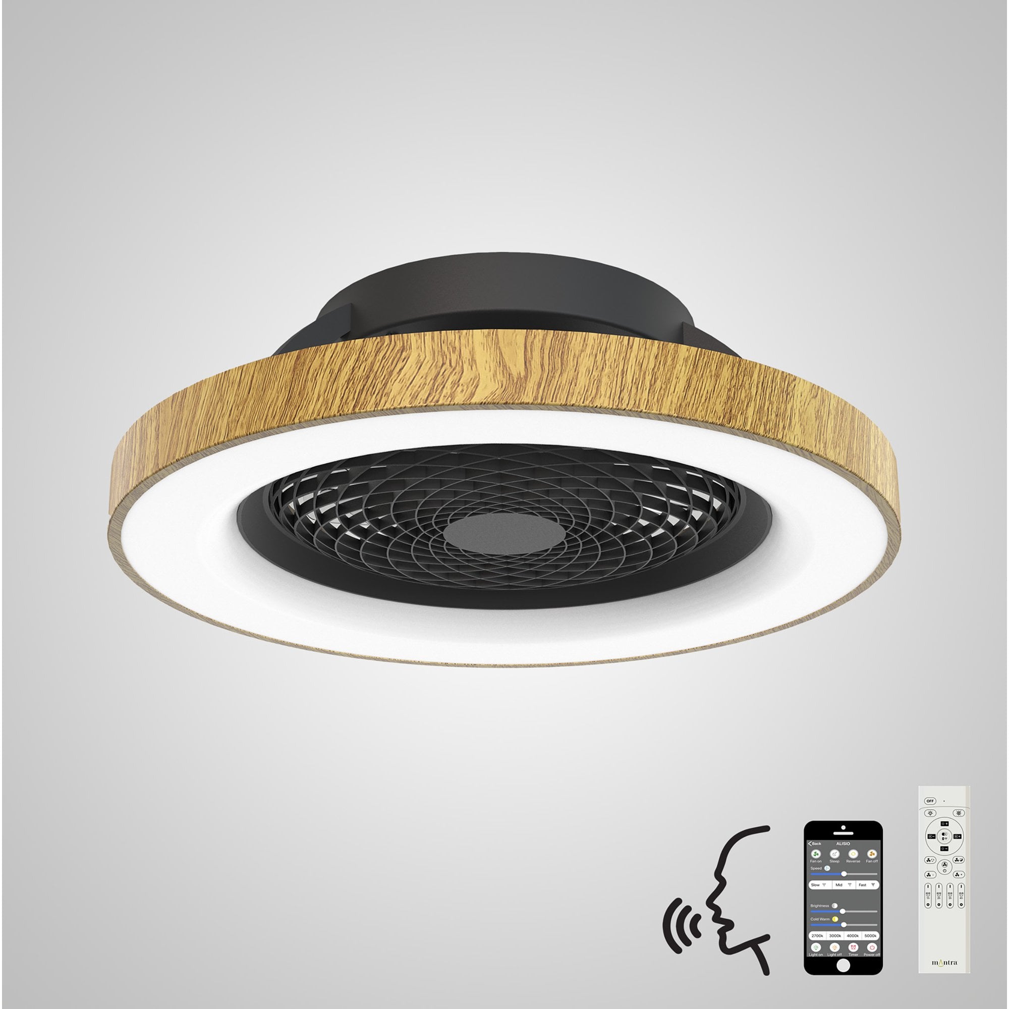 Mantra Tibet 70W LED Dimmable Ceiling Light & Fan, Remote, APP , Voice Controlled, Wood Effect, Black