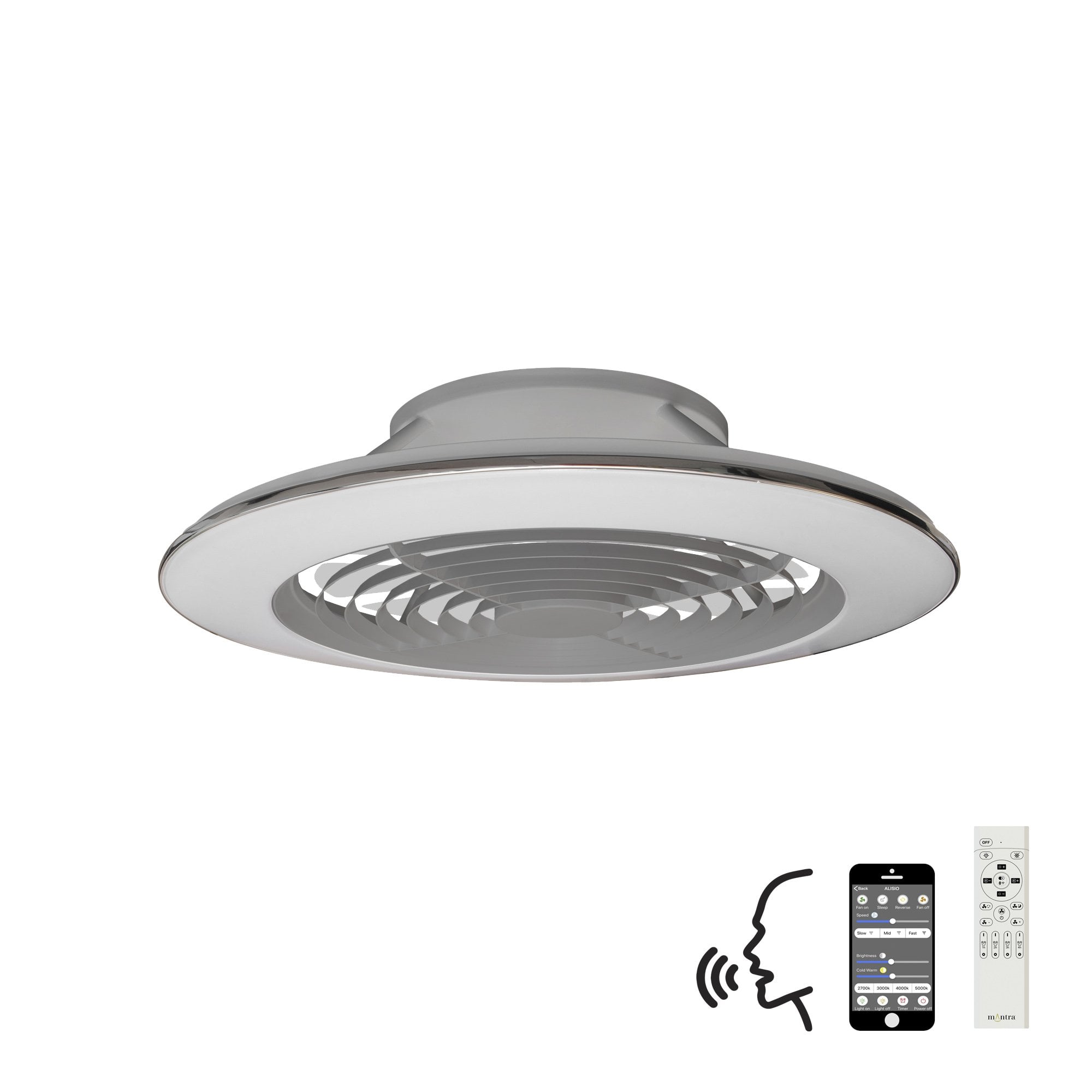 Mantra Alisio XL 95W LED Dimmable Ceiling Light & Fan, Remote, APP , Voice Controlled, Silver