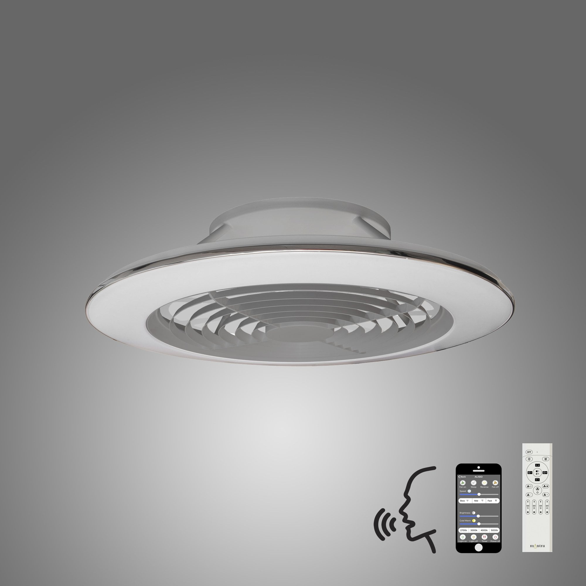 Mantra Alisio XL 95W LED Dimmable Ceiling Light & Fan, Remote, APP , Voice Controlled, Silver