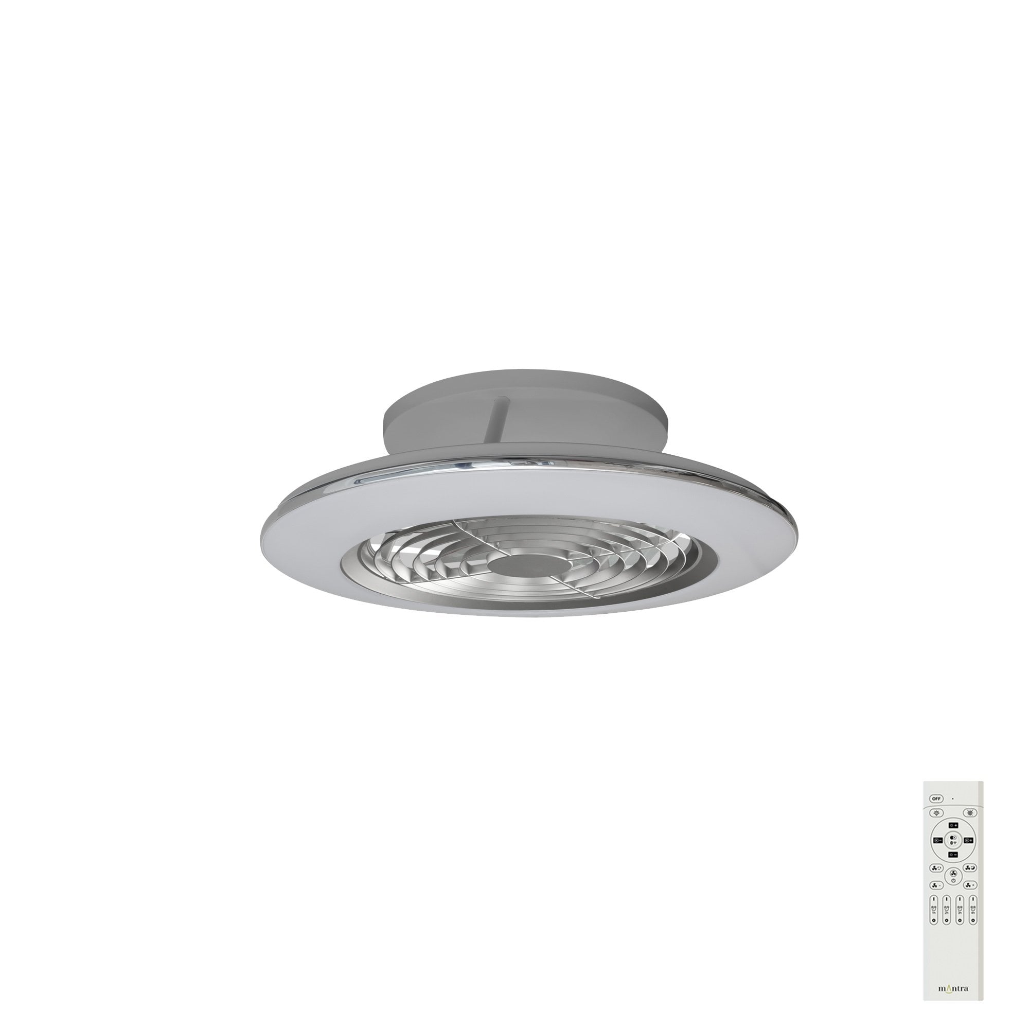 Mantra Alisio Mini 70W LED Dimmable Ceiling Light & Fan, Remote Controlled, Silver