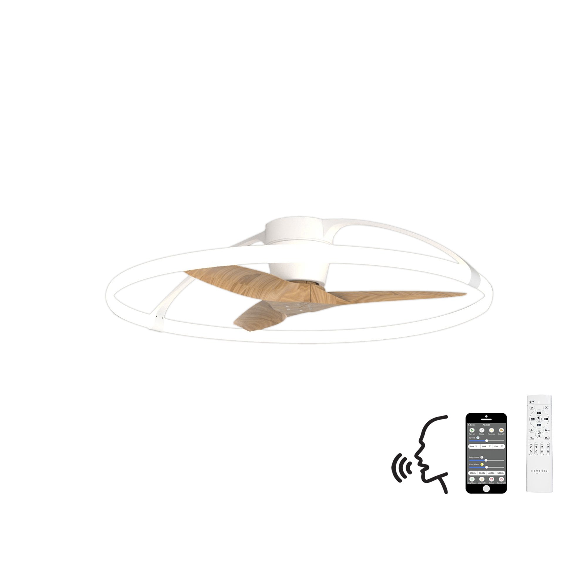 Mantra Nepal 75W LED Dimmable Ceiling Light & Fan, Remote, APP, Voice Controlled - White & Wood Effect