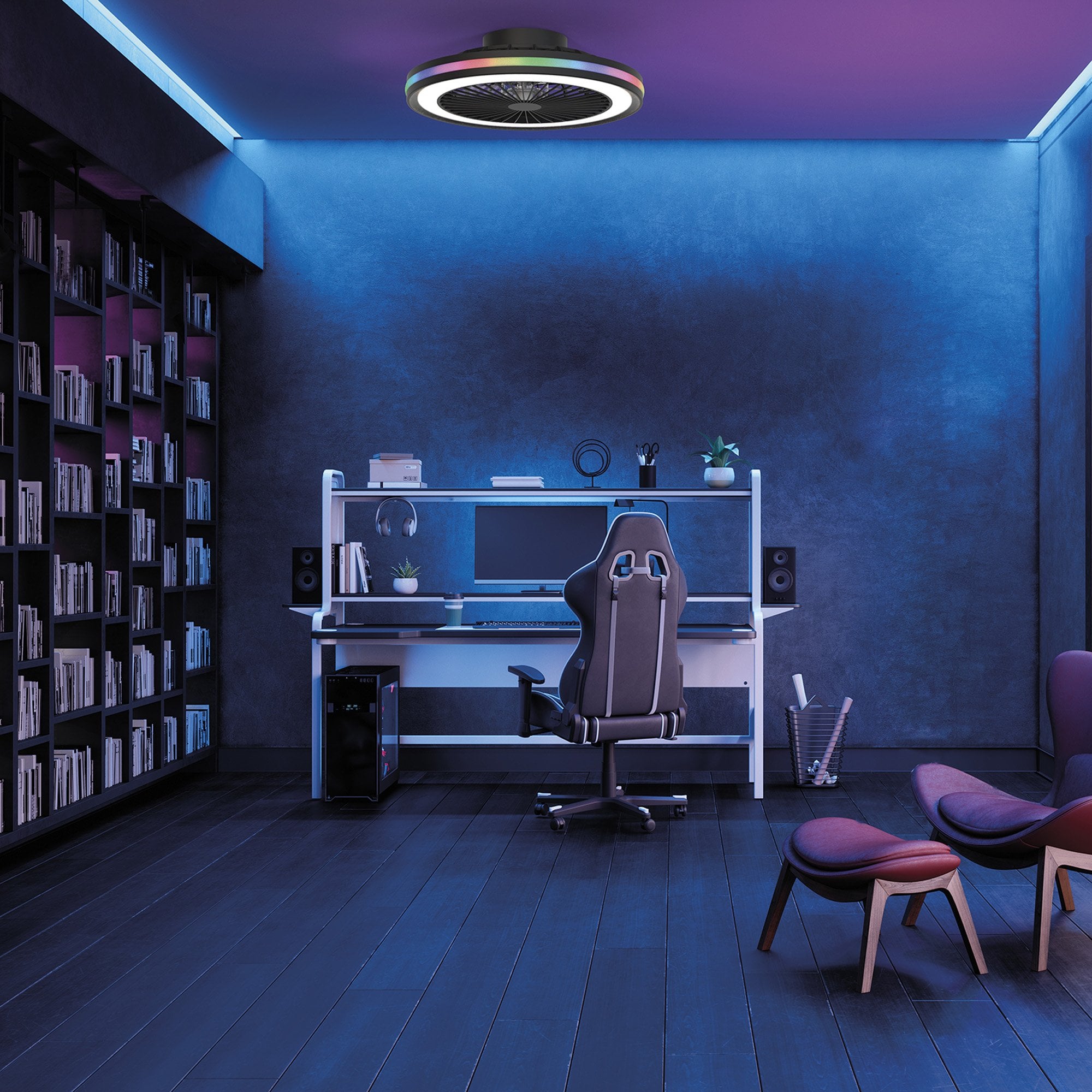 Mantra Gamer 60W LED Dimmable White, RGB Ceiling Light & Fan, Remote - White