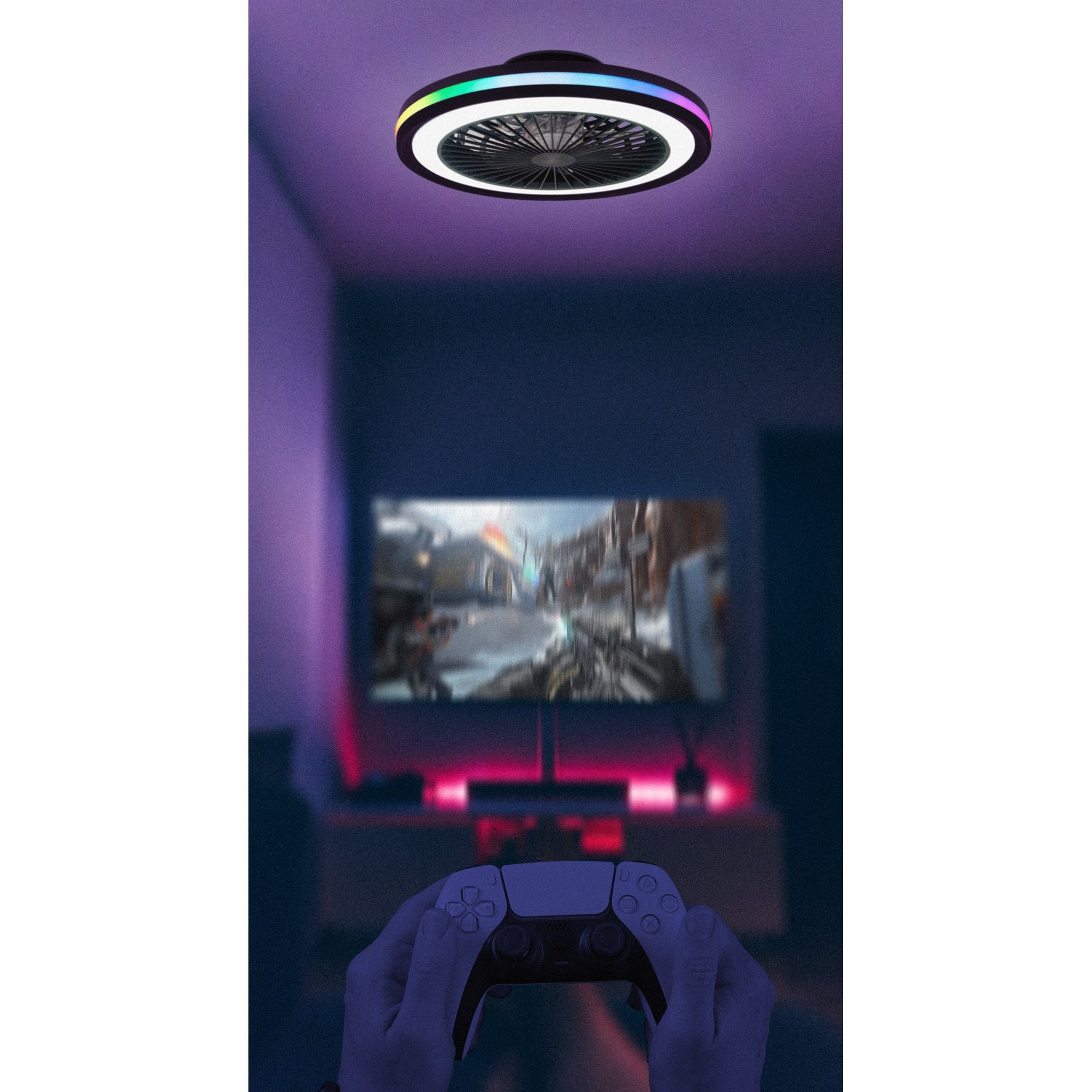 Mantra Gamer 40W LED Dimmable White, RGB Ceiling Light & Fan, Remote - White