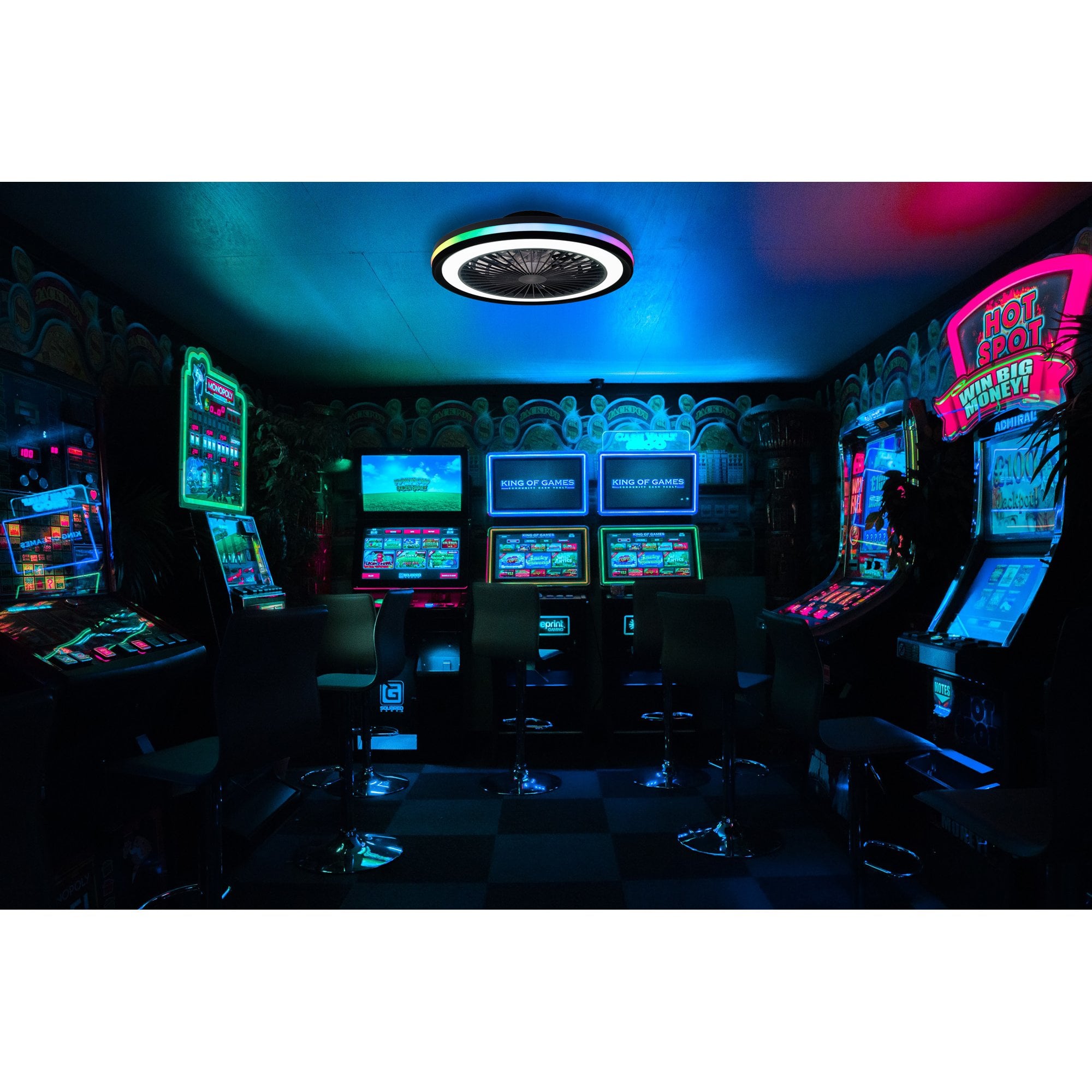 Mantra Gamer 40W LED Dimmable White, RGB Ceiling Light & Fan, Remote - Black