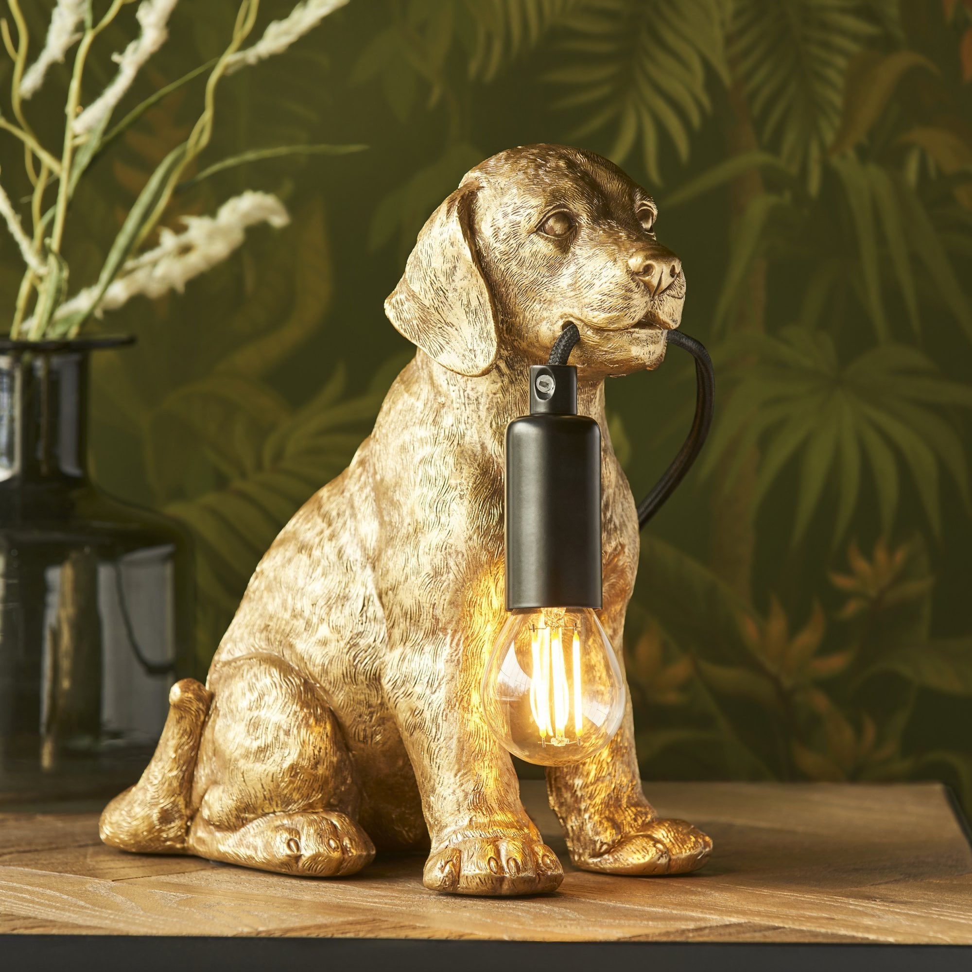 Endon Labrador Puppy 1 Light Table Lamp - Vintage Gold & Matt Black
