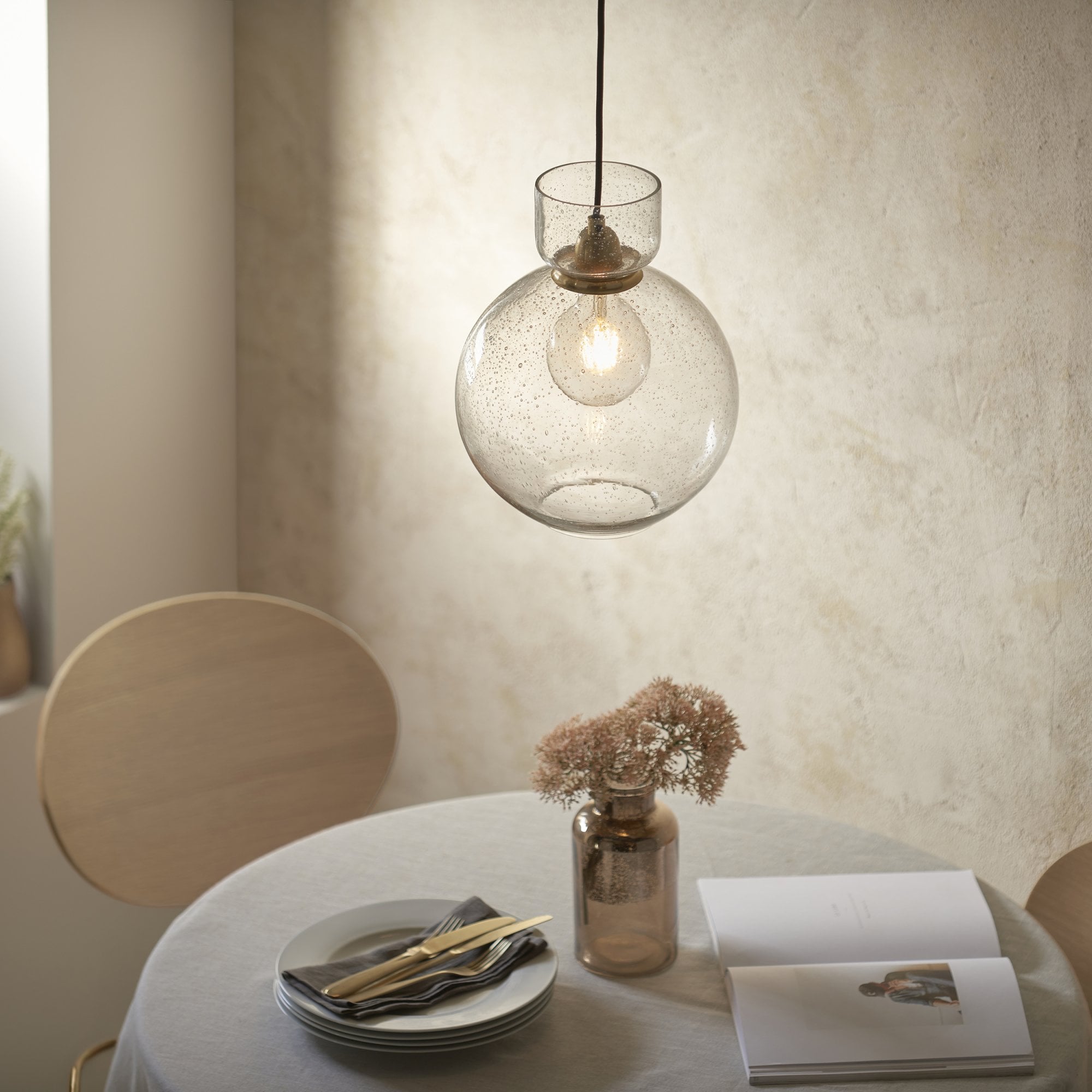 Utopia Cosmos 1 Light Pendant - Brass & Clear Bubble Glass