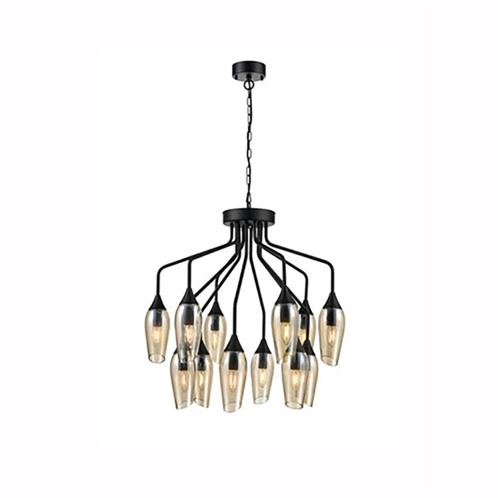 Franklite Taper 12 Light Pendant - Matt Black & Amber Glass