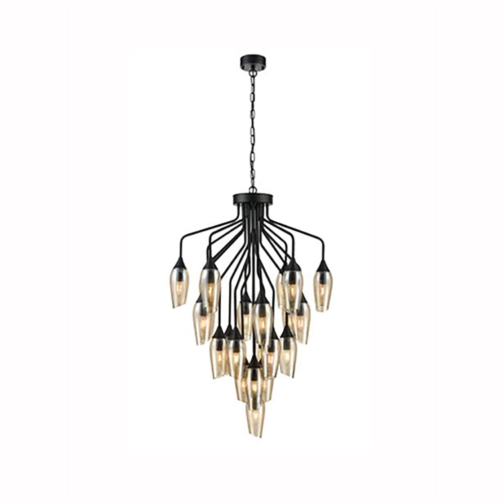 Franklite Taper 22 Light Pendant - Matt Black & Amber Glass