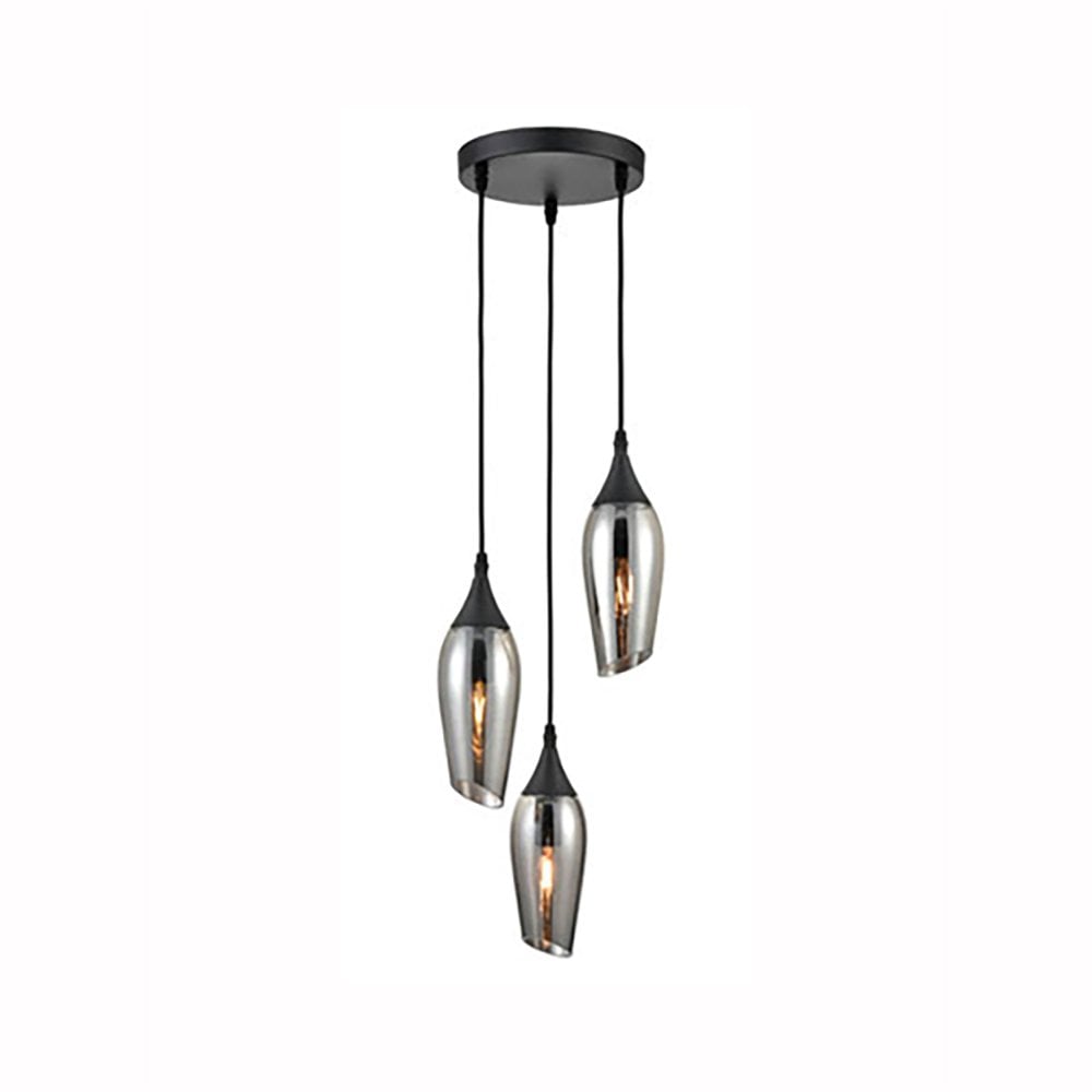 Franklite Taper 3 Light Spreader Pendant - Matt Black & Smoked Glass