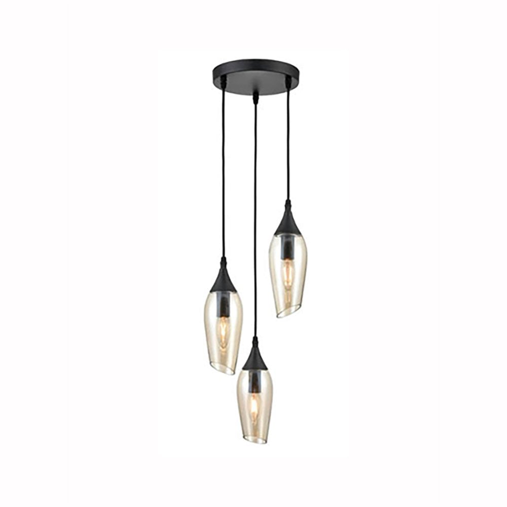 Franklite Taper 3 Light Spreader Pendant - Matt Black & Amber Glass