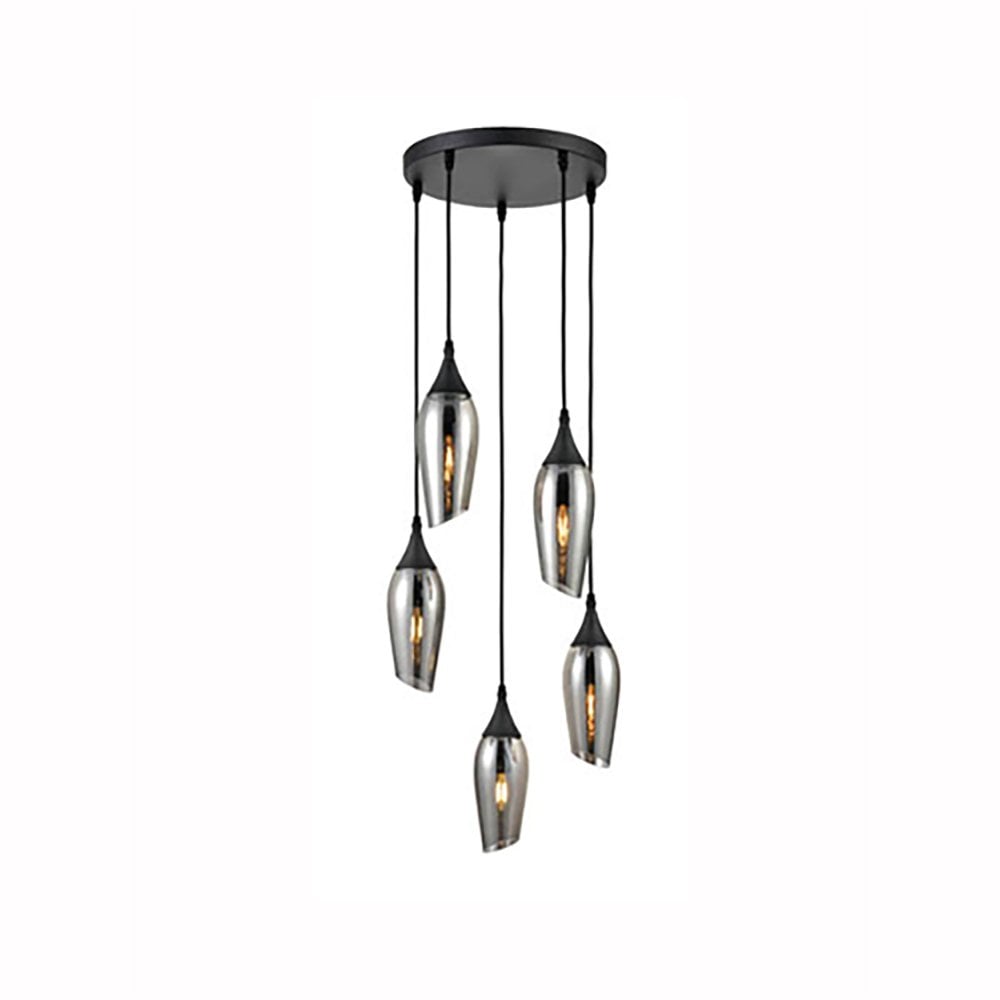 Franklite Taper 5 Light Spreader Pendant - Matt Black & Smoked Glass