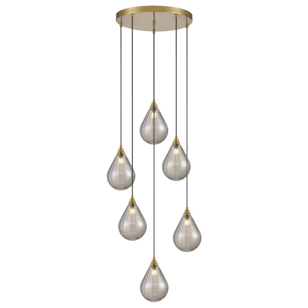Franklite Perry 6 Light Spreader Pendant - Aged Brass & Smoked Glass