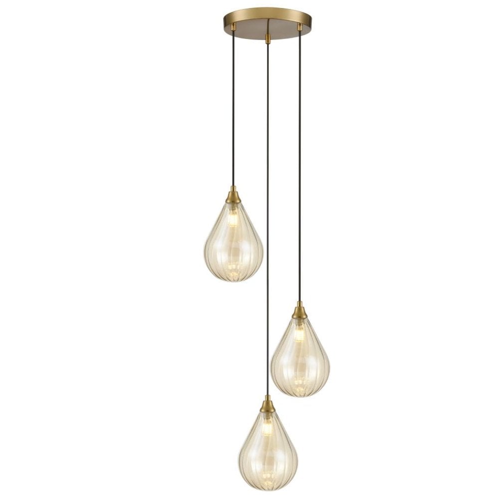 Franklite Perry 3 Light Spreader Pendant - Aged Brass & Amber Glass