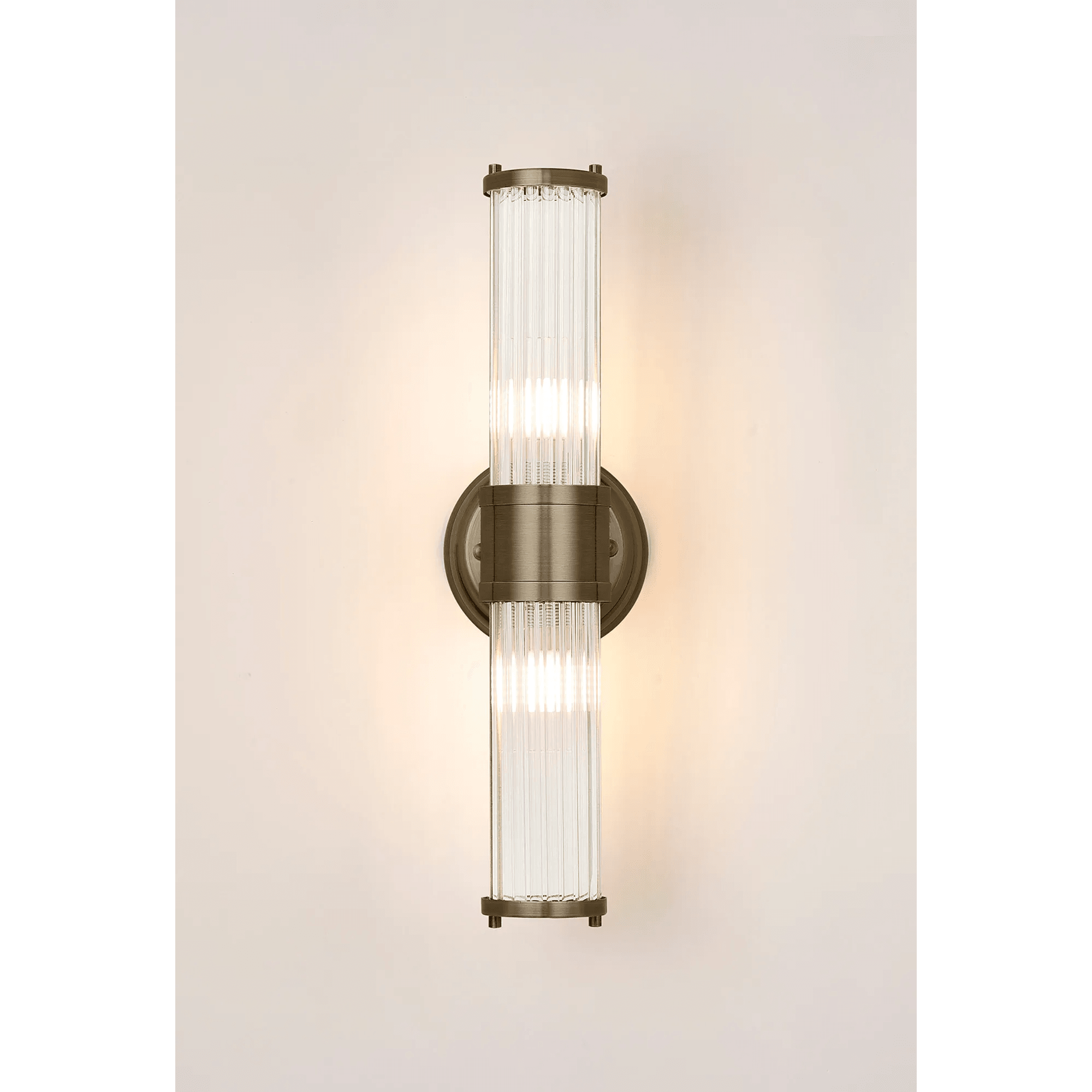 Fabula Wedgewood 2 Light Glass Rod Up & Down Light IP44 - Antique Brass & Clear Glass