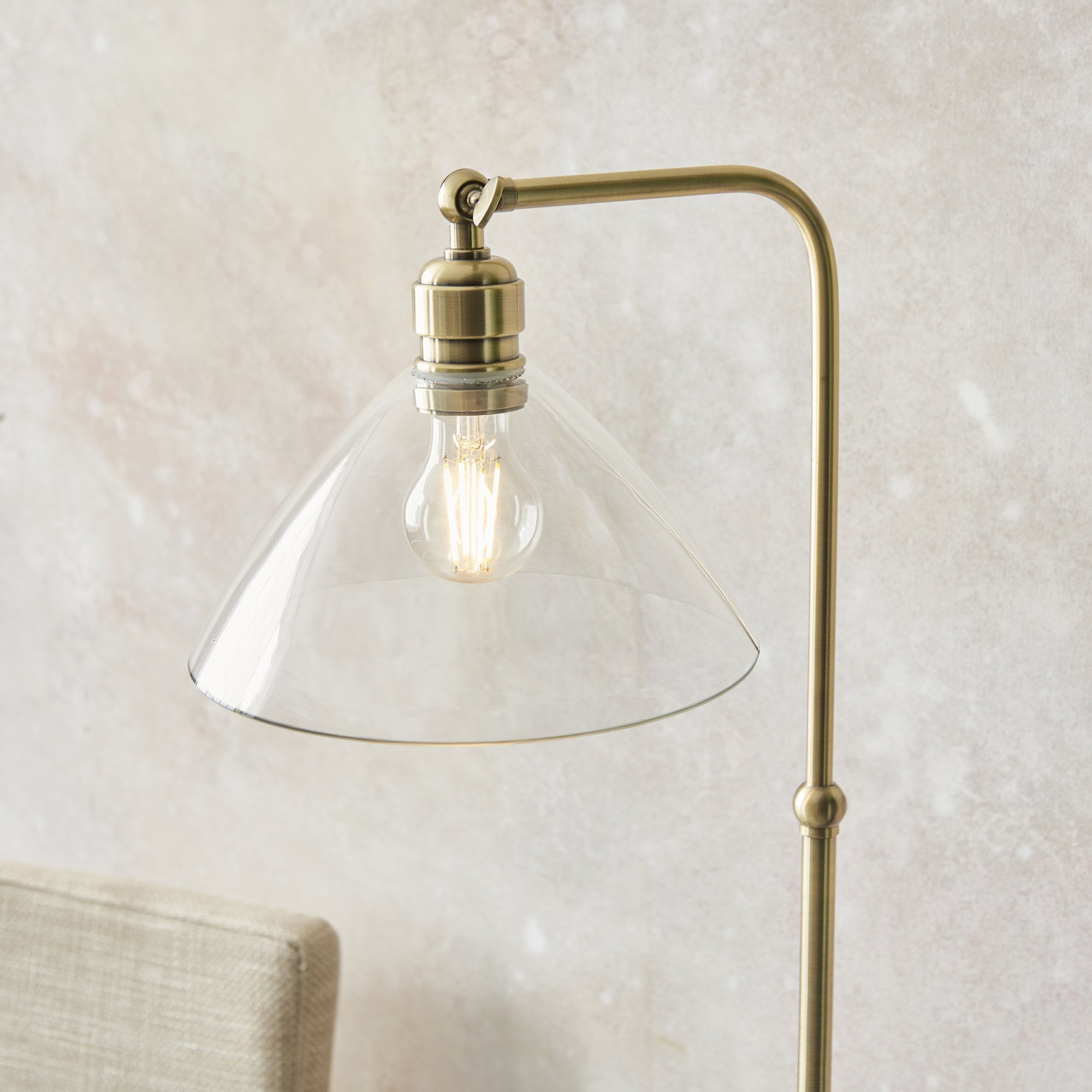 Utopia Diner Single Floor Lamp - Antique Brass & Clear Glass